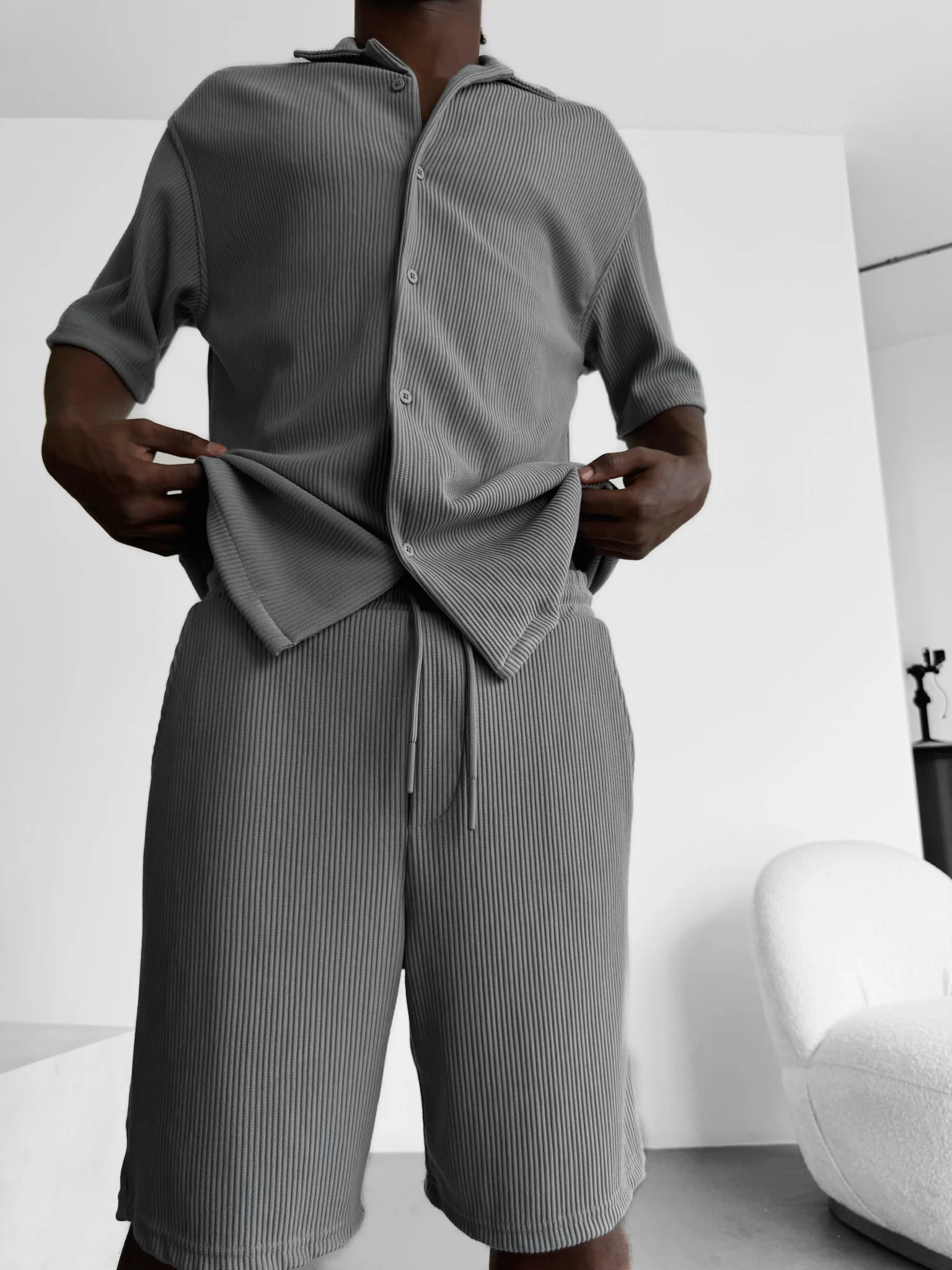 Loose Fit Cord Shorts - Grey - Image 3