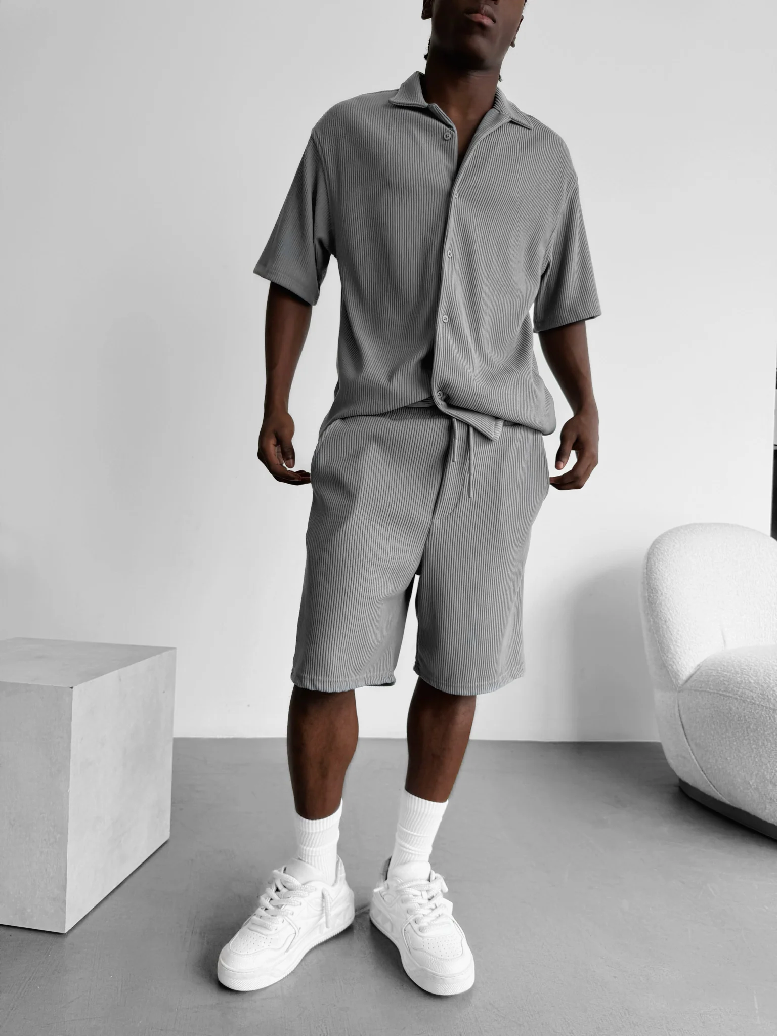 Loose Fit Cord Shorts - Grey - Image 4
