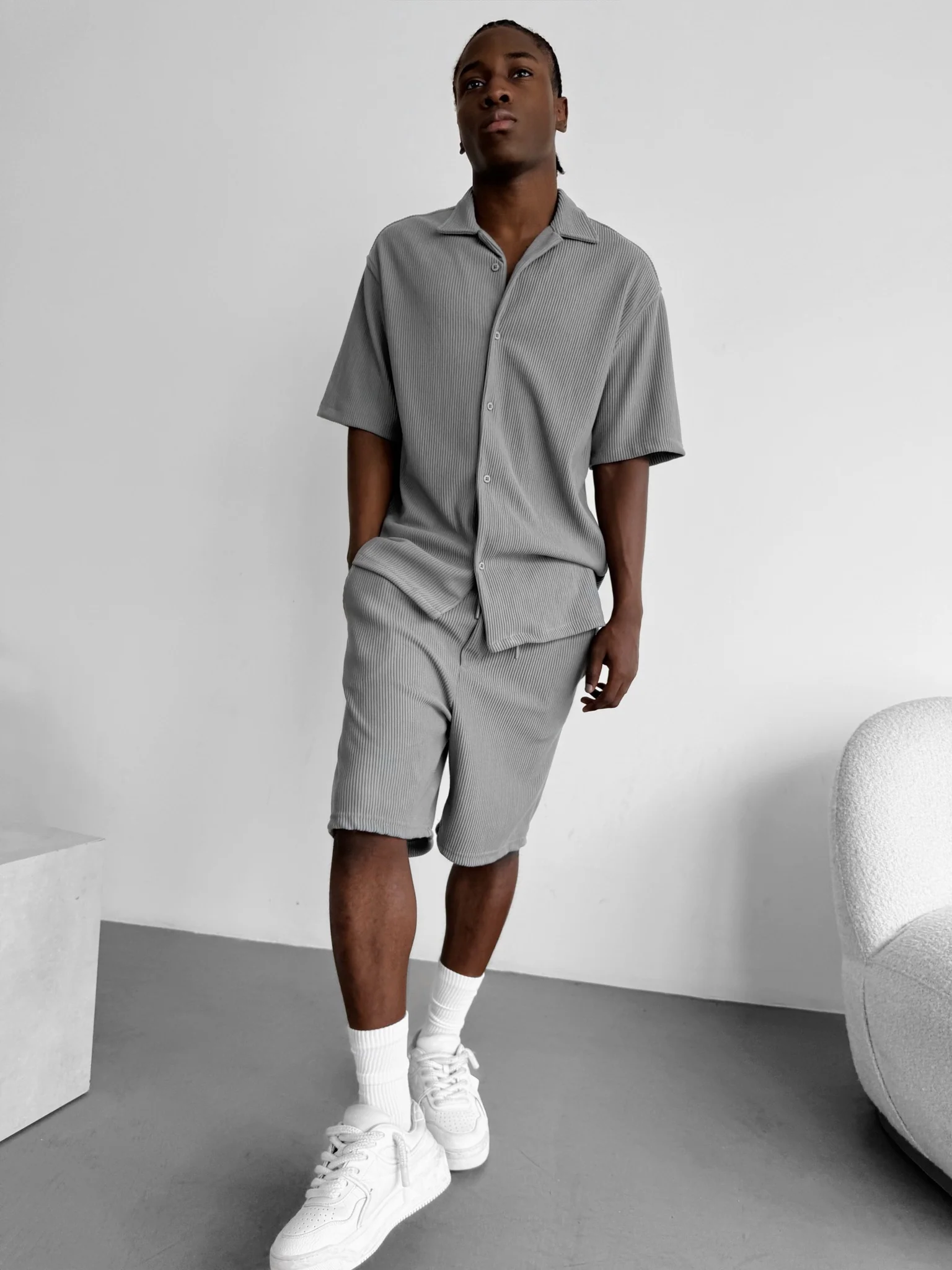 Loose Fit Cord Shorts - Grey - Image 6