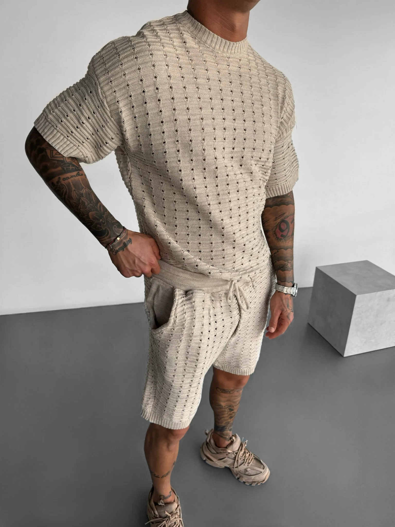Loose Fit Holey Knit Shorts - Beige - Image 3