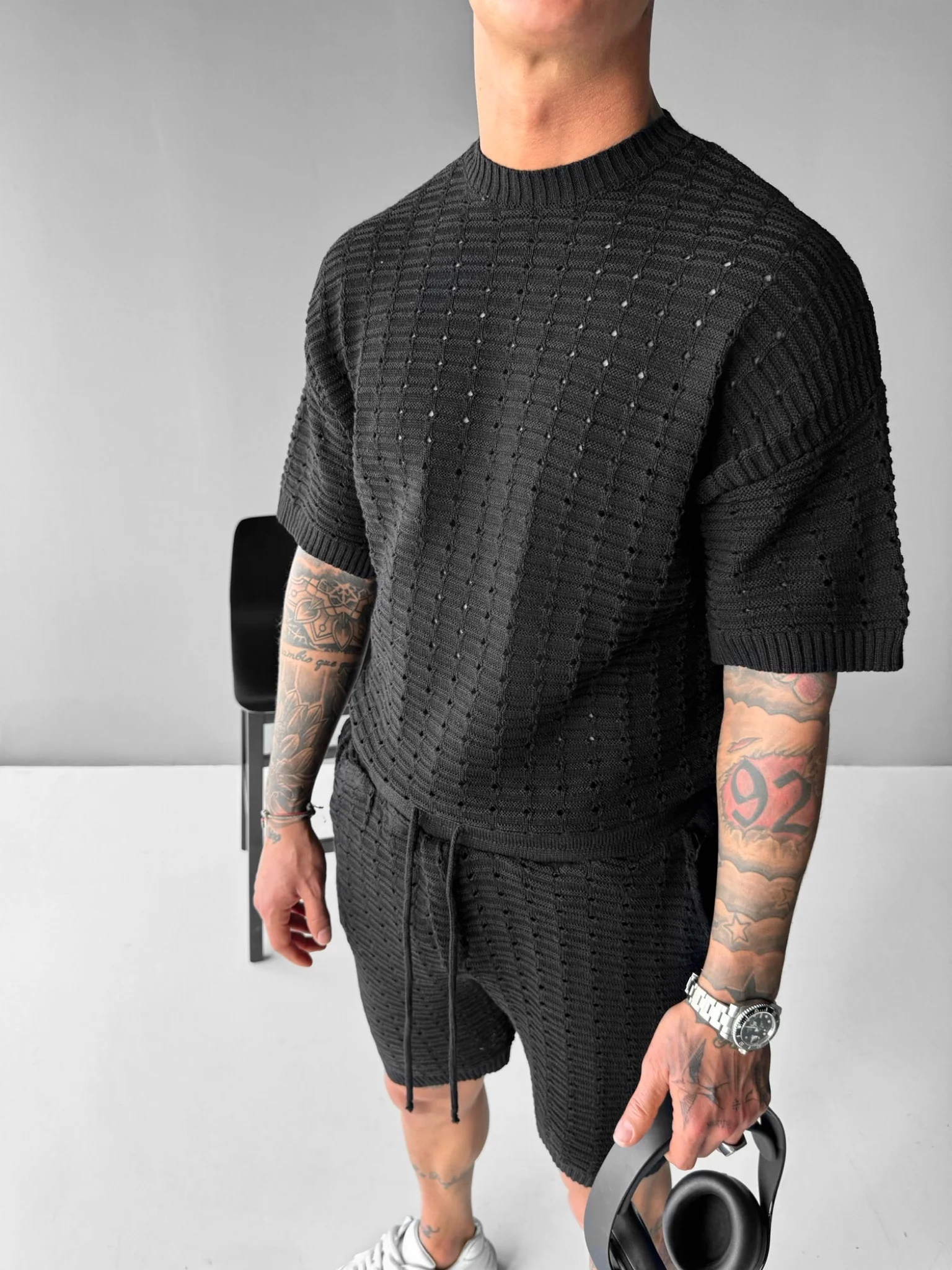 Loose Fit Holey Knit Shorts - Black - Image 2