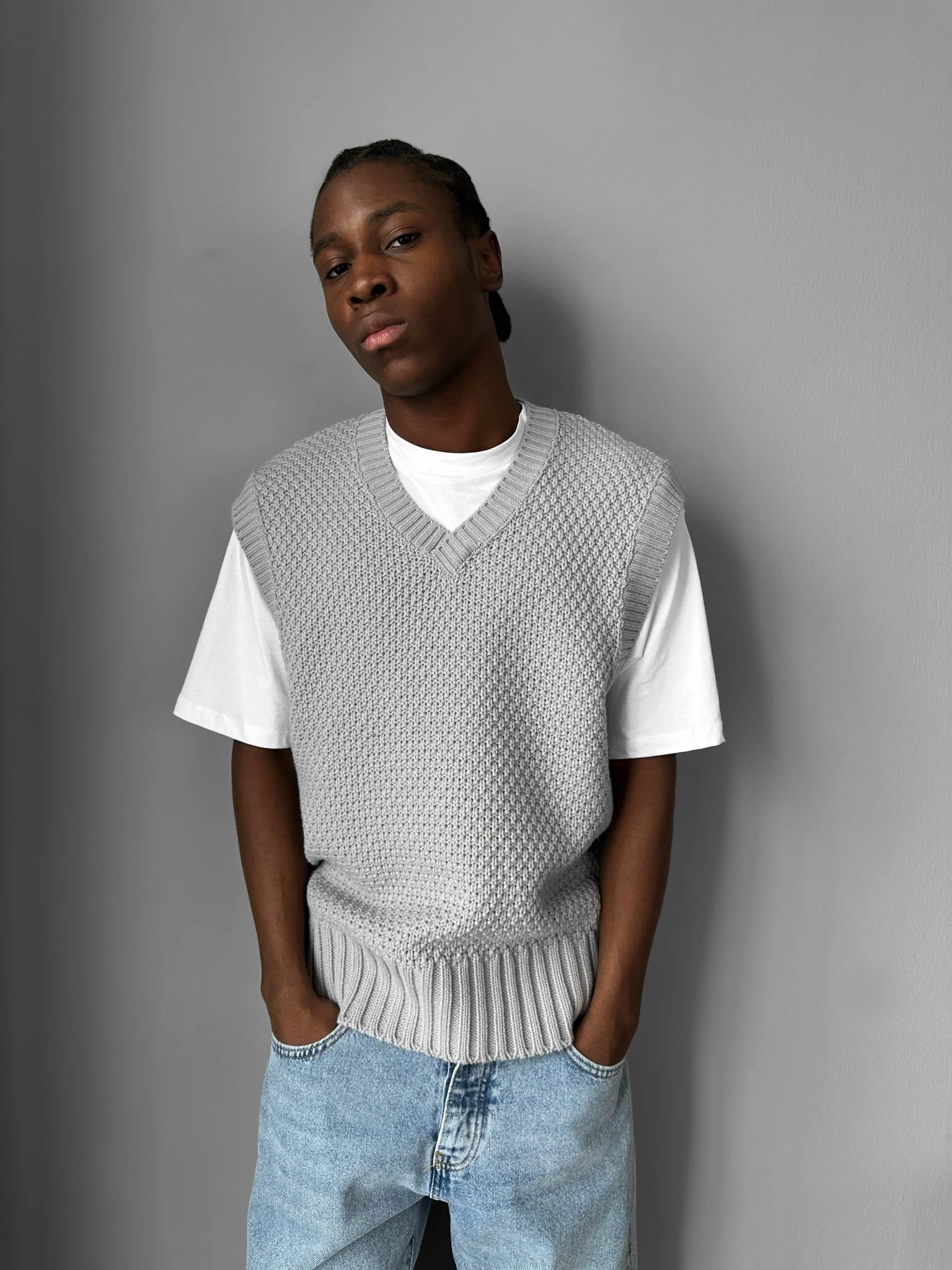 Loose Fit Knotted V Neck Pullunder - Grey