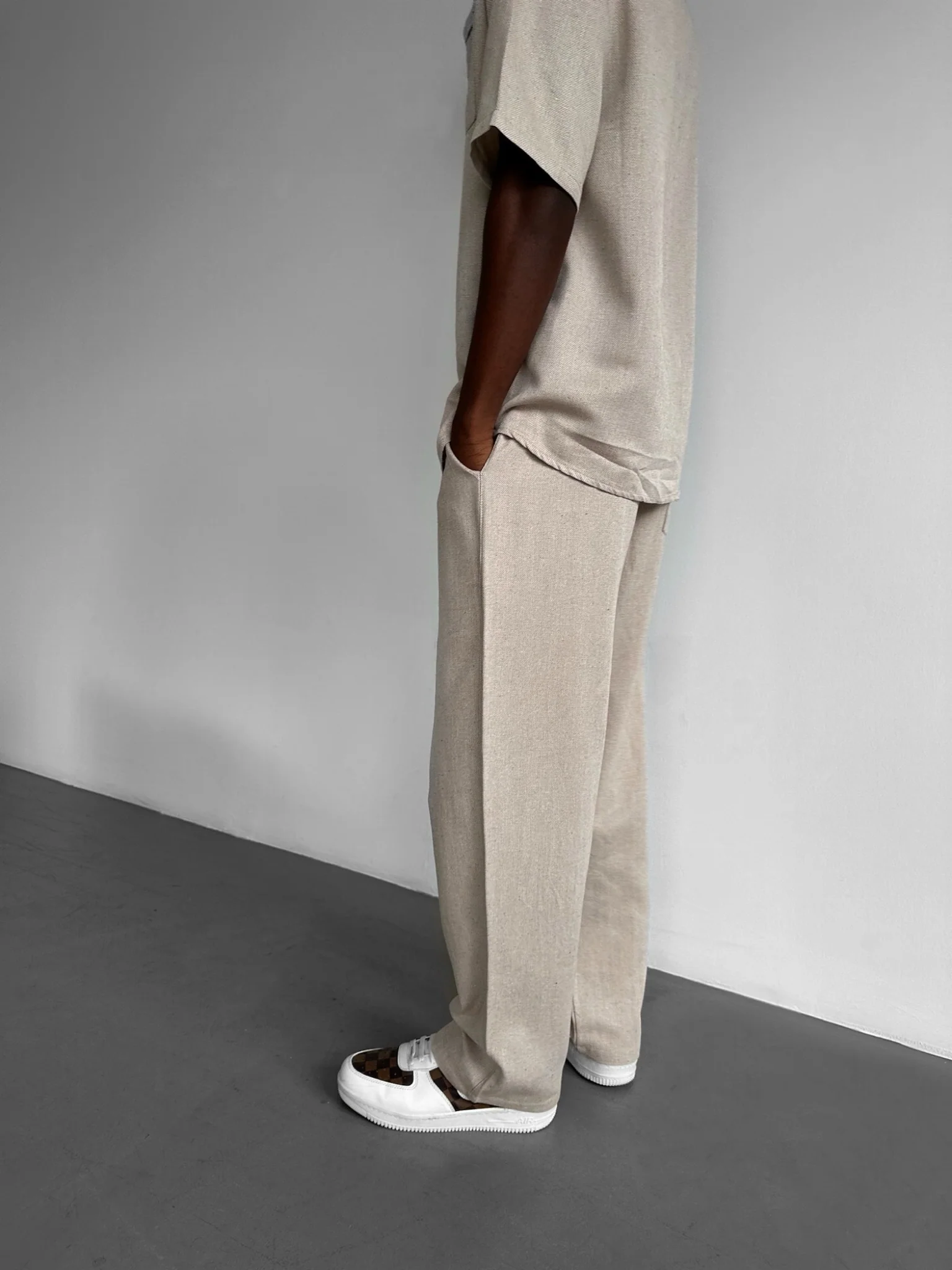 Loose Fit Linen Trousers - Stone - Image 3