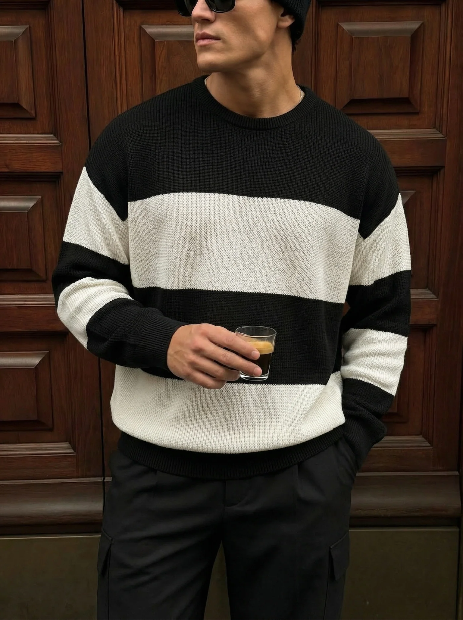 Loose Fit Strip Knit Sweater - Black