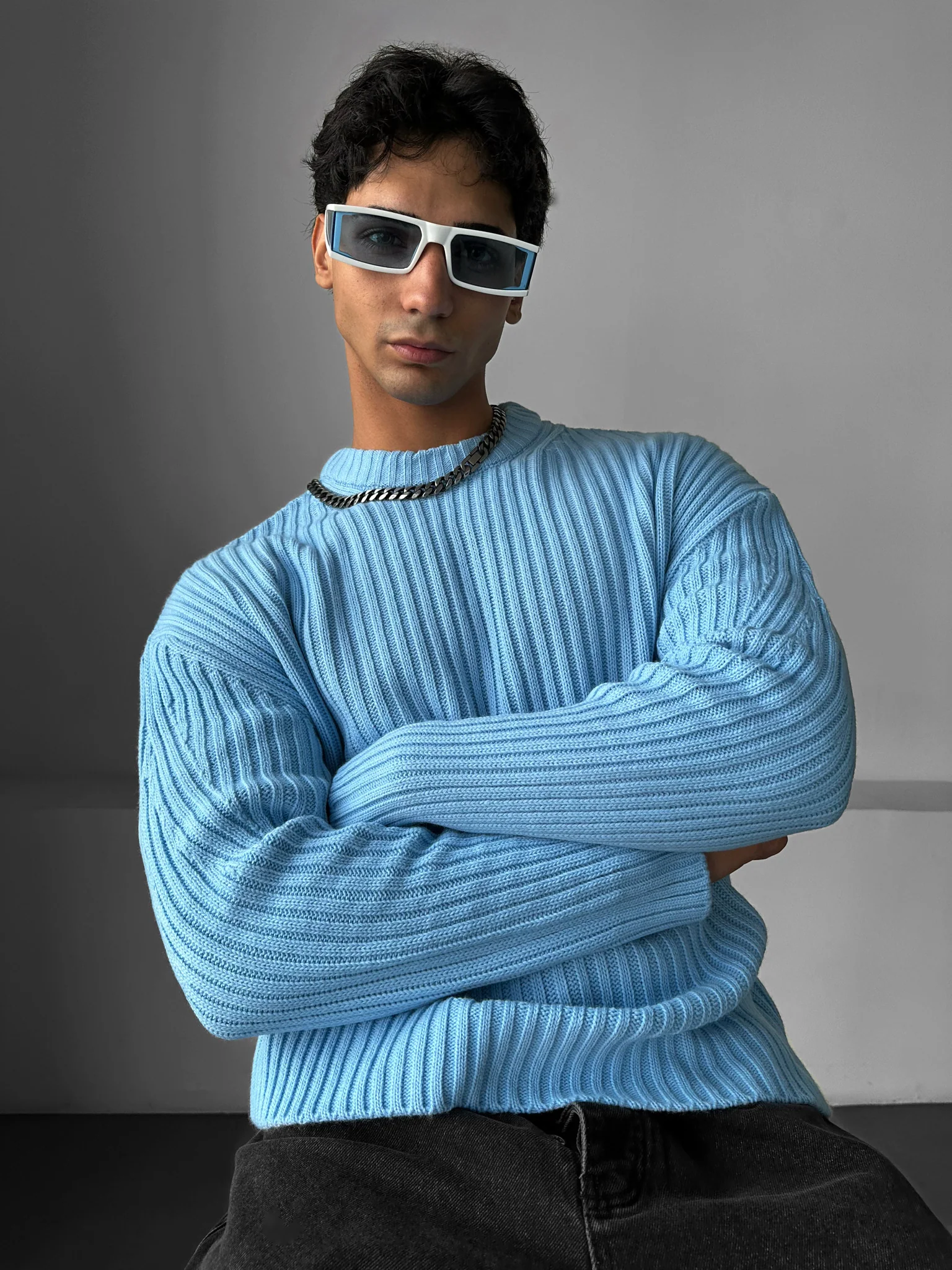 Loose Fit Striped Structure Pullover - Babyblue - Image 2