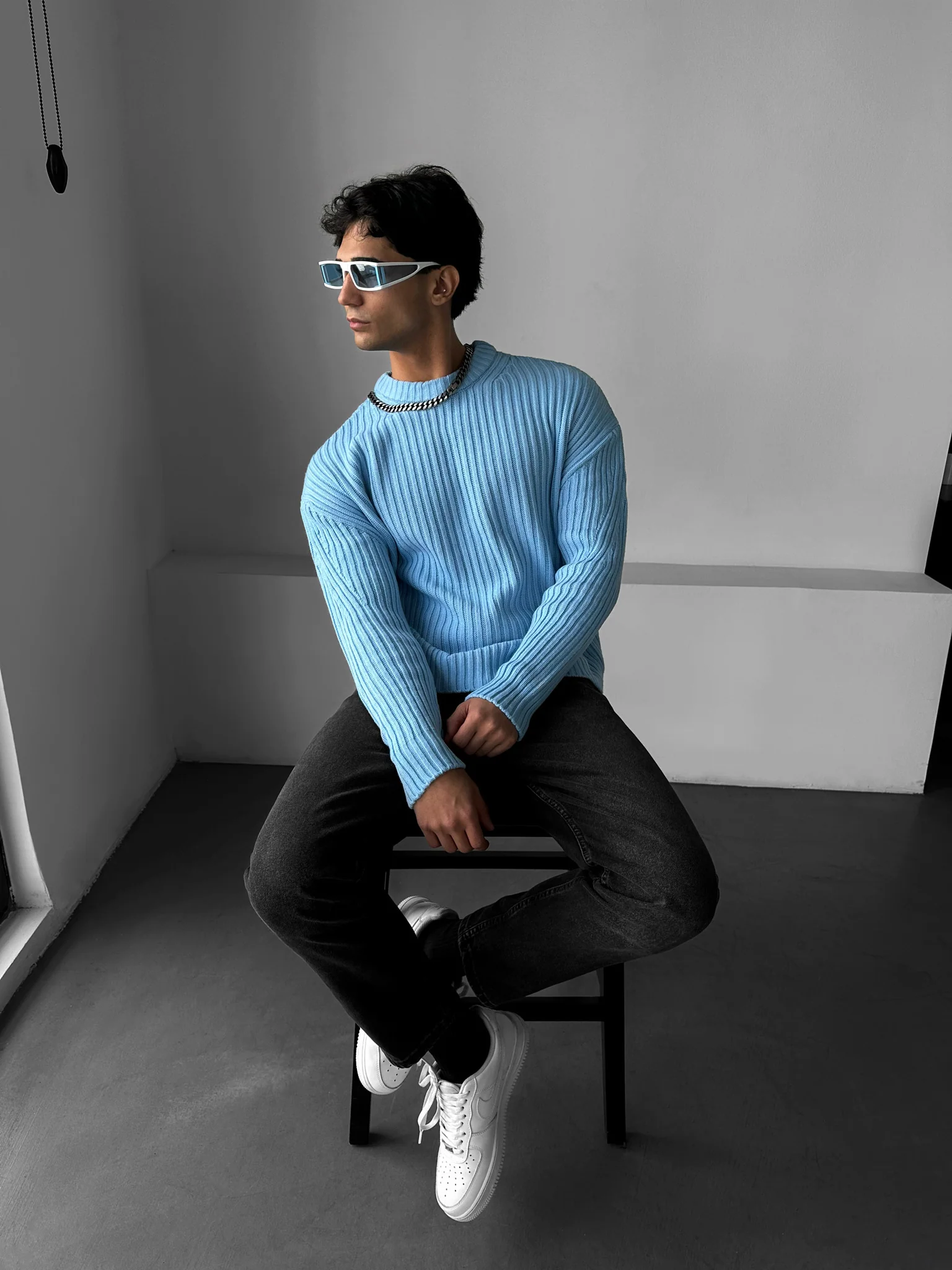 Loose Fit Striped Structure Pullover - Babyblue - Image 3
