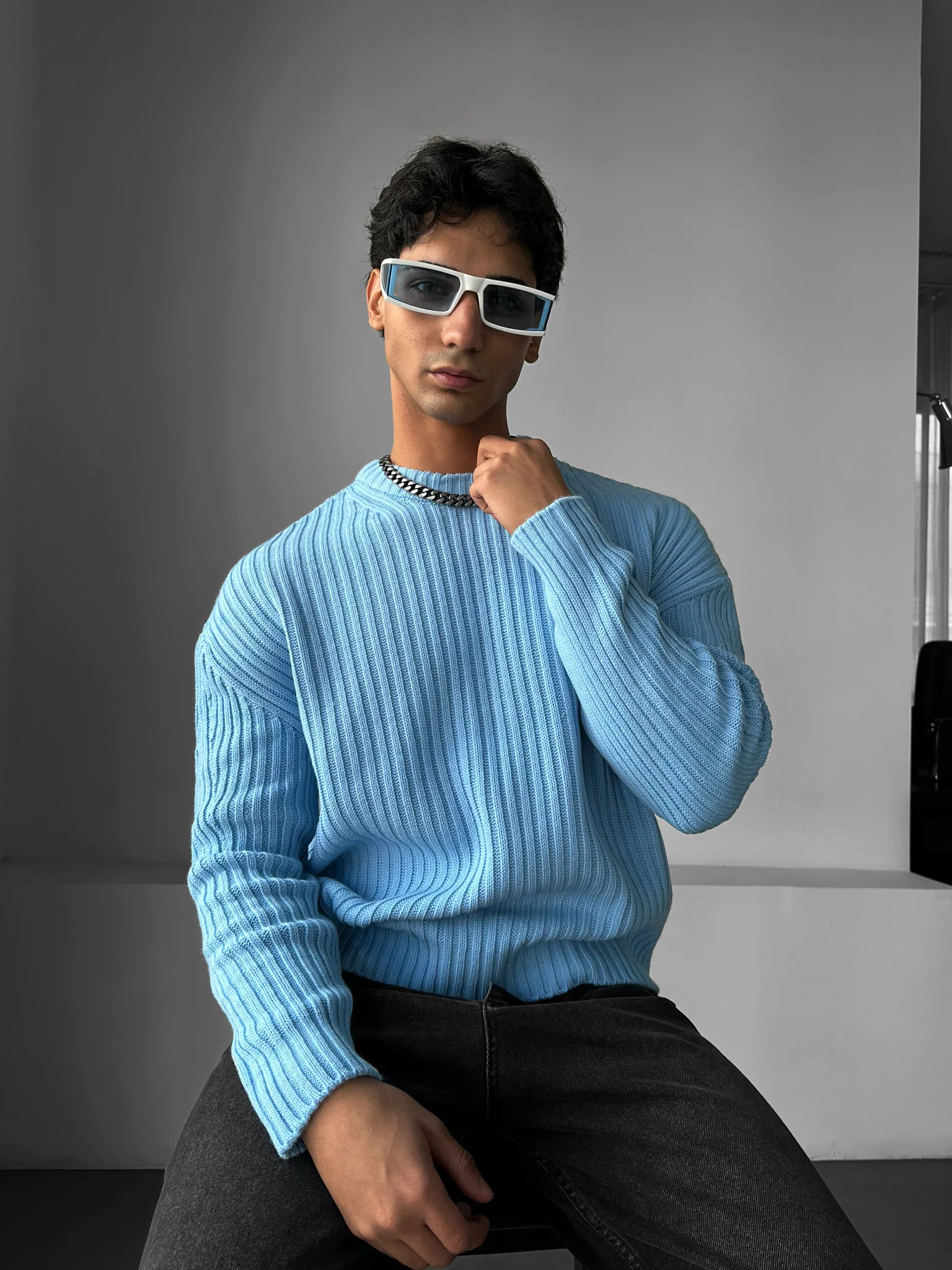 Loose Fit Striped Structure Pullover - Babyblue - Image 5