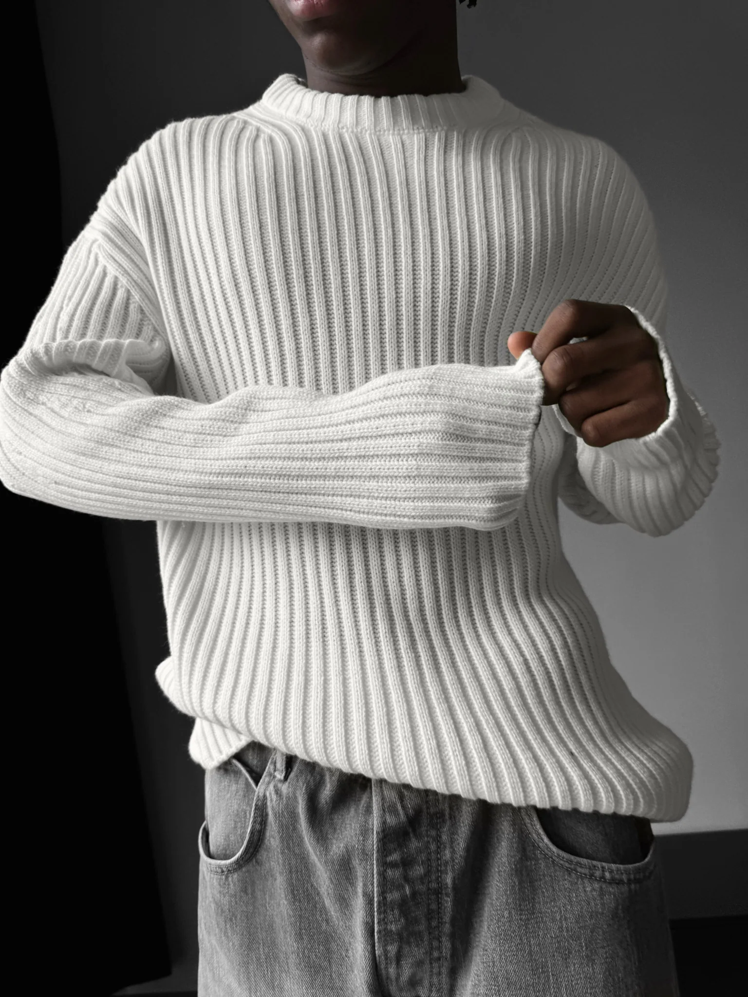 Loose Fit Striped Structure Pullover - Ecru - Image 3