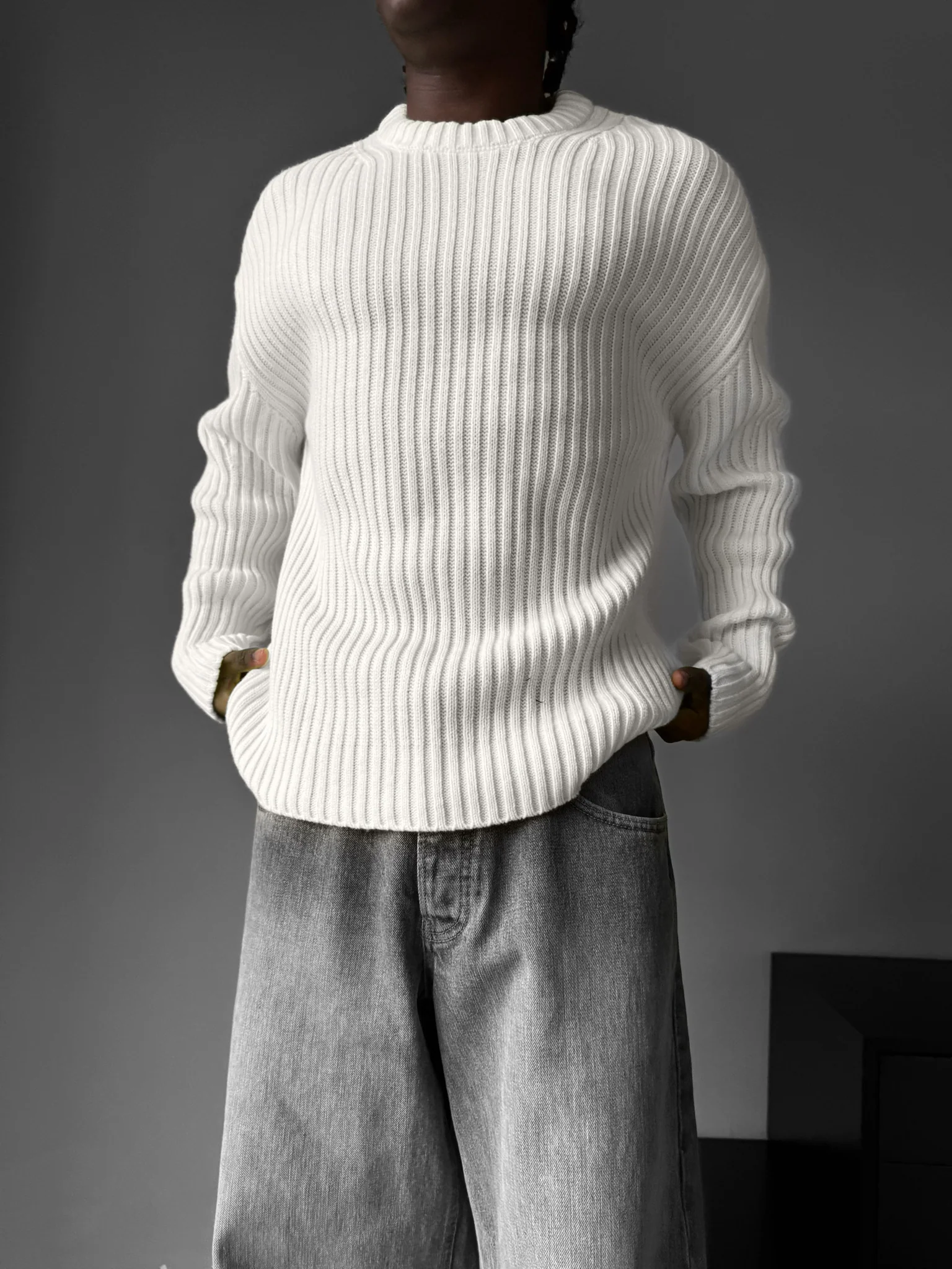 Loose Fit Striped Structure Pullover - Ecru - Image 5