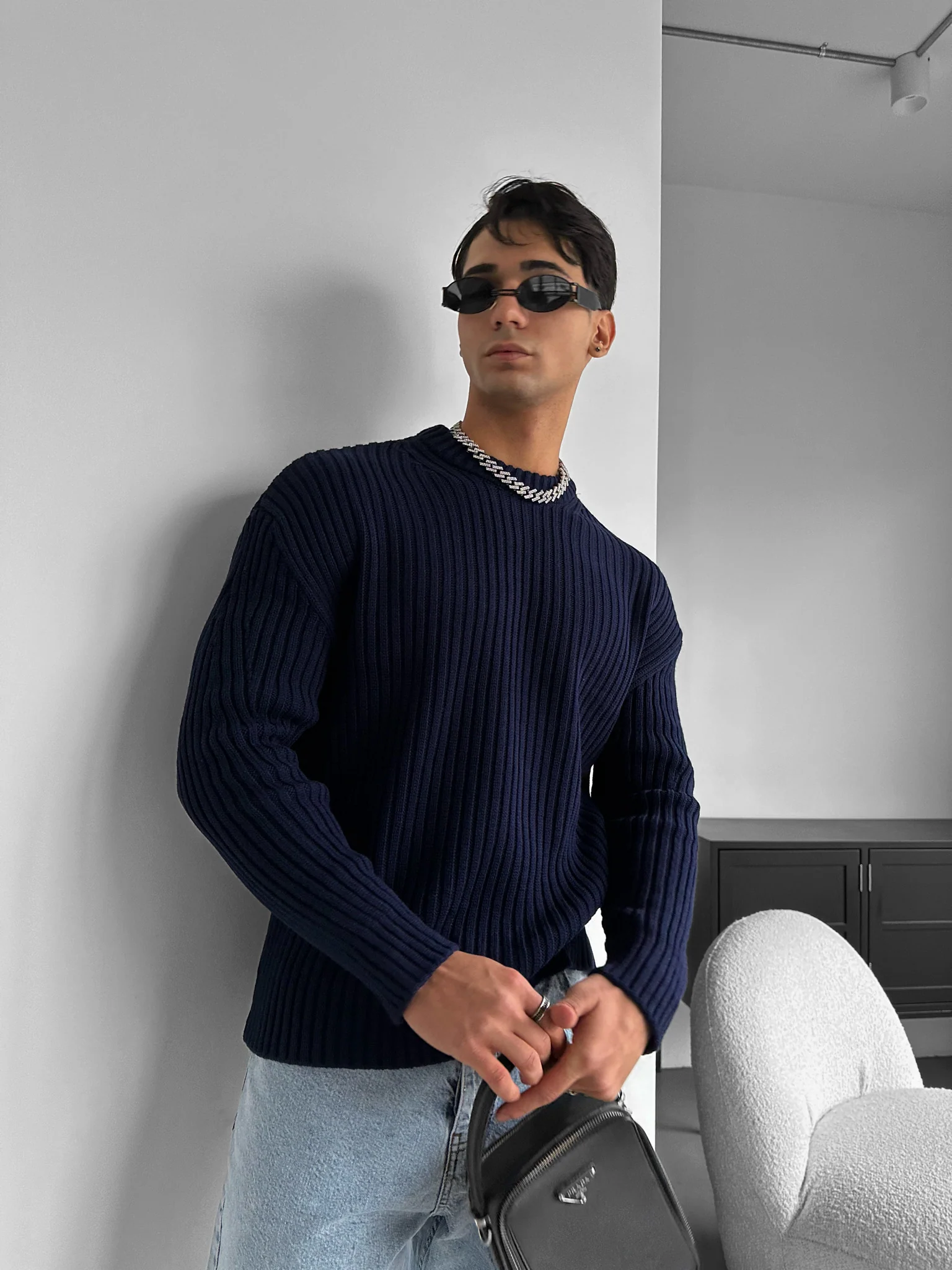 Loose Fit Striped Structure Pullover - Navy Blue - Image 3