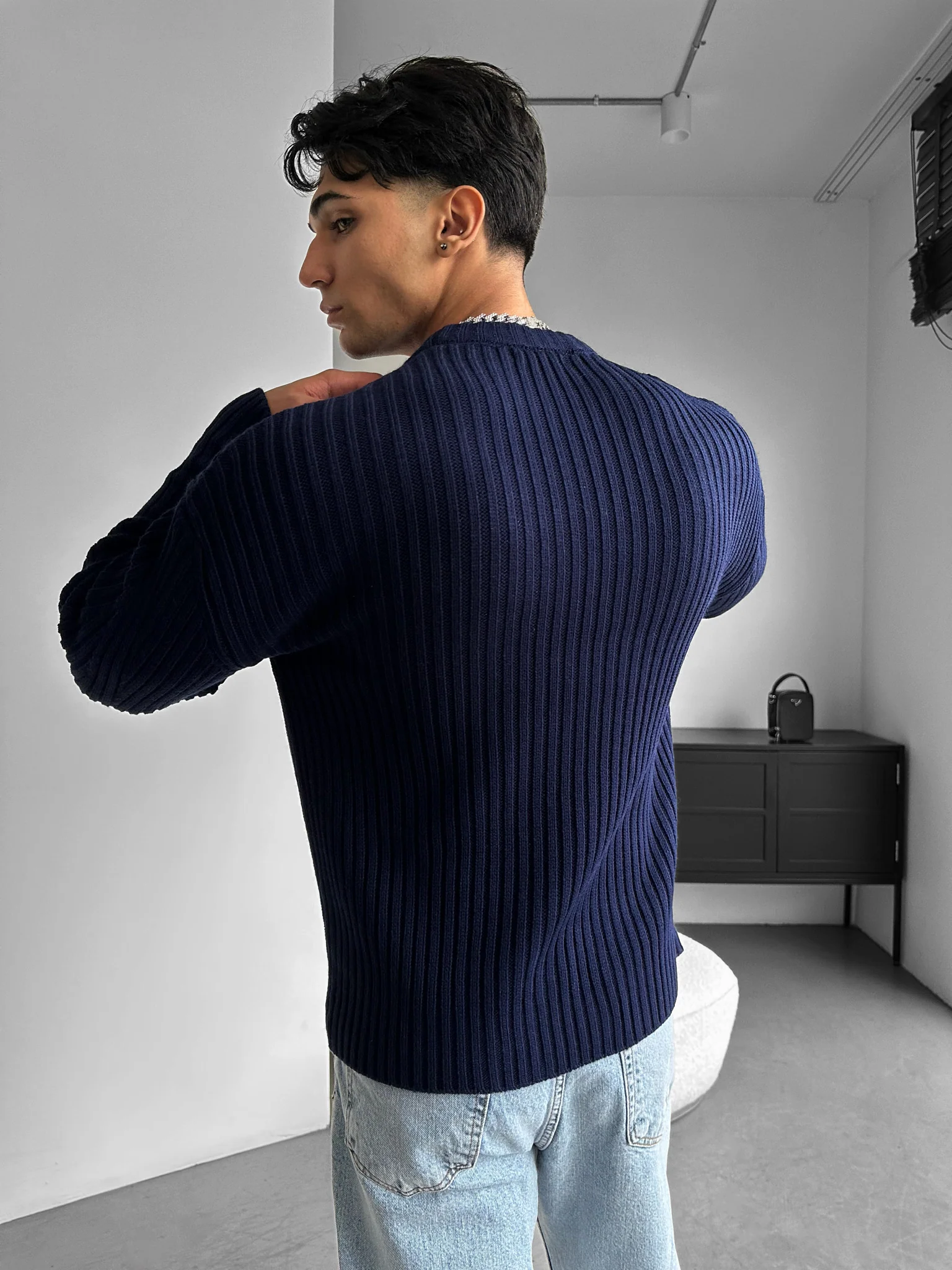 Loose Fit Striped Structure Pullover - Navy Blue - Image 4