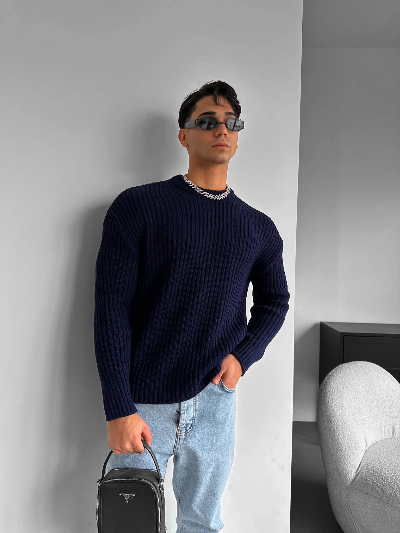 Loose Fit Striped Structure Pullover - Navy Blue - Image 5