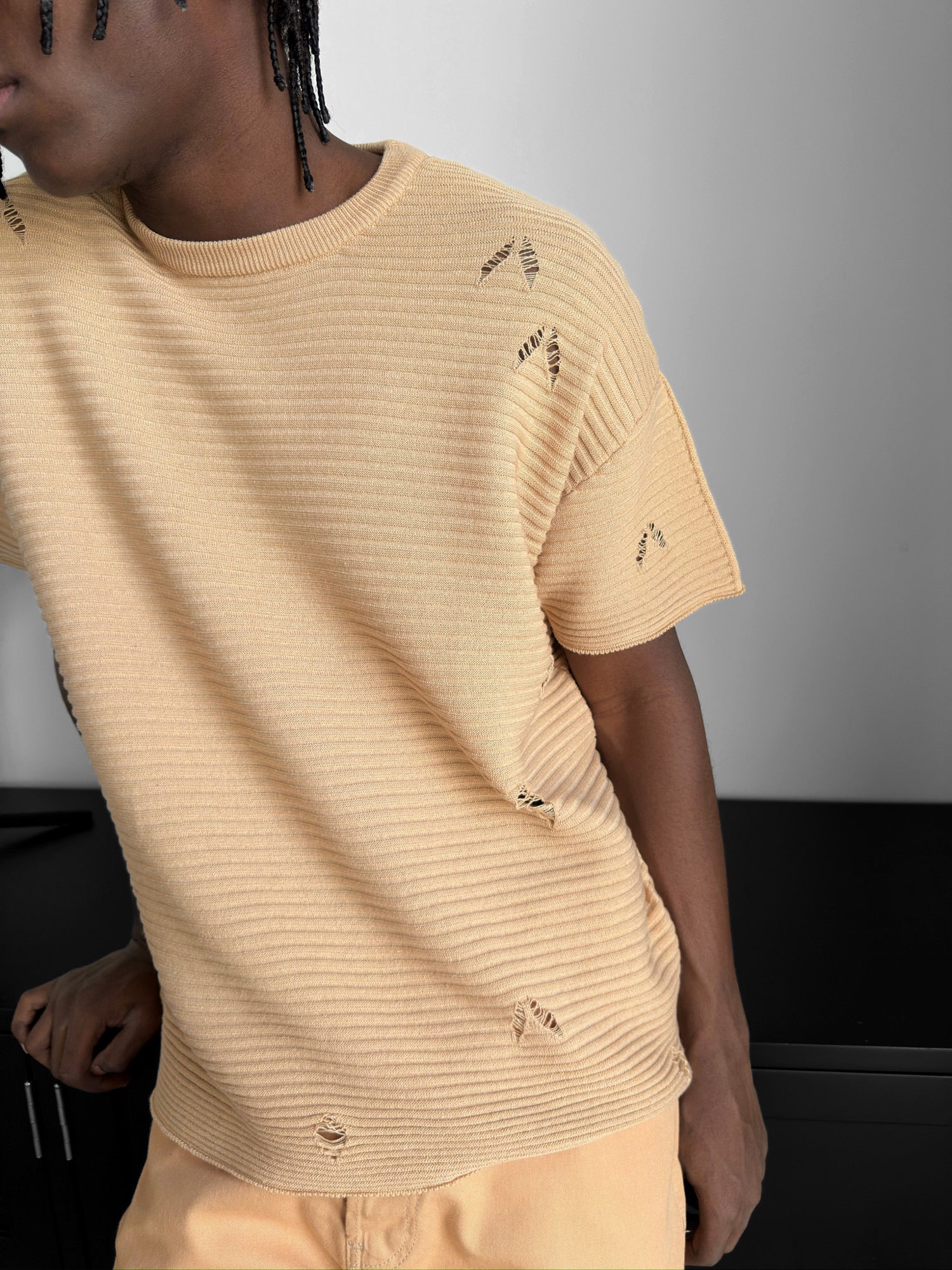 Loose Fit Torn Ribbed Knit T-Shirt - Beige - Image 2