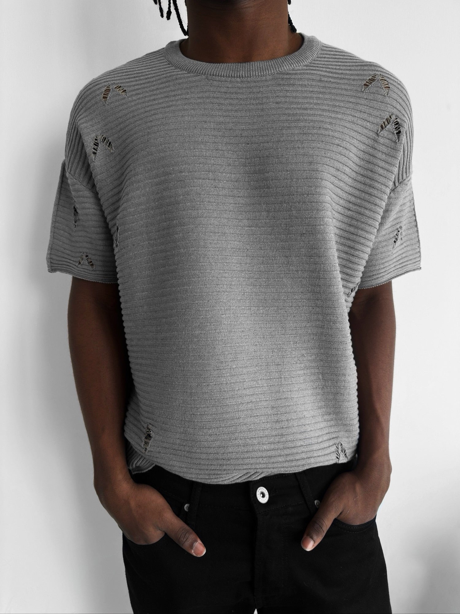 Loose Fit Torn Ribbed Knit T-Shirt - Grey Melange - Image 2