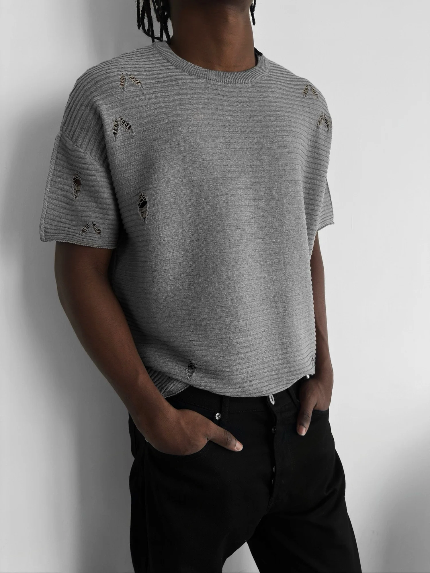 Loose Fit Torn Ribbed Knit T-Shirt - Grey Melange - Image 3