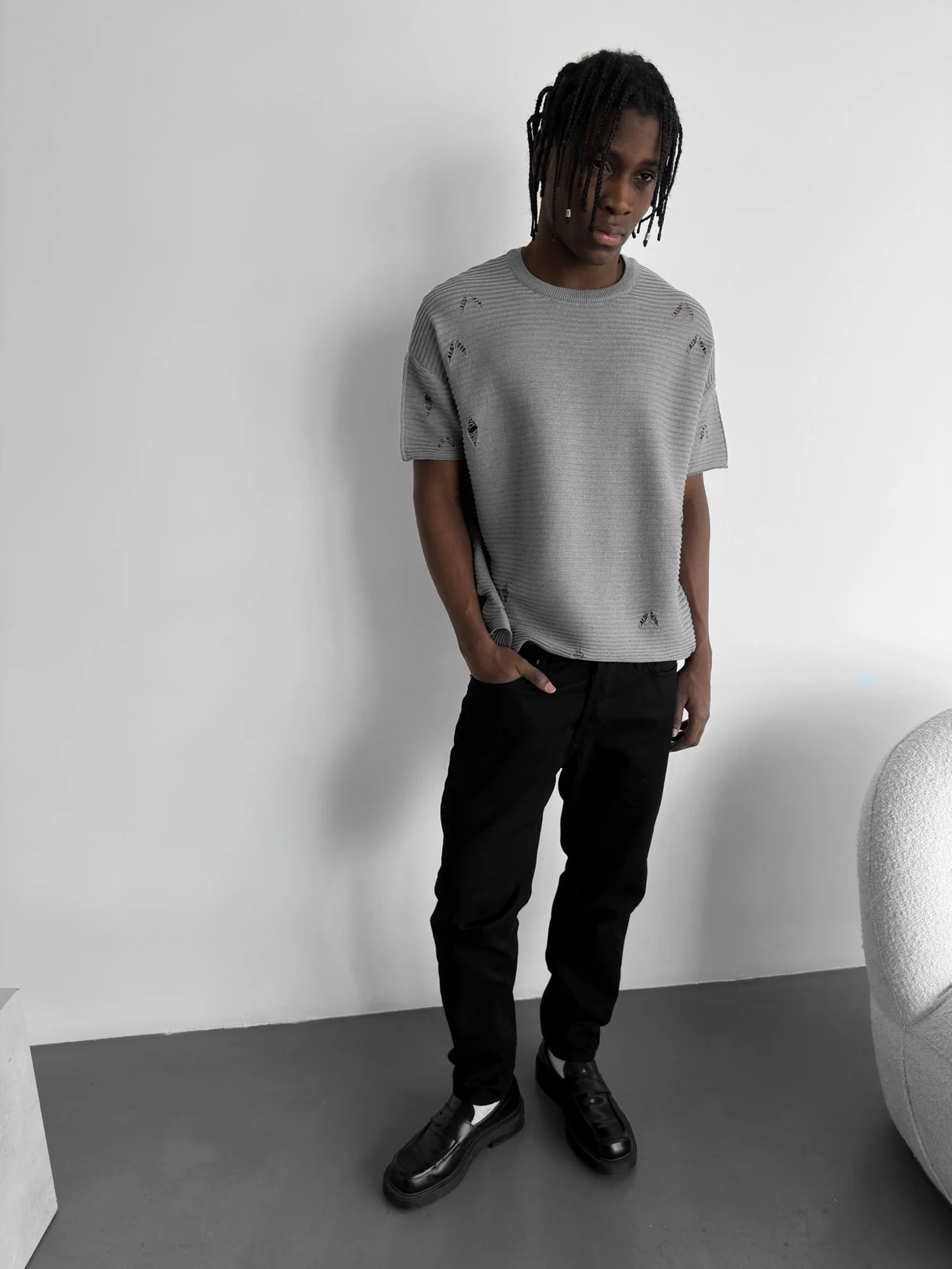 Loose Fit Torn Ribbed Knit T-Shirt - Grey Melange - Image 4