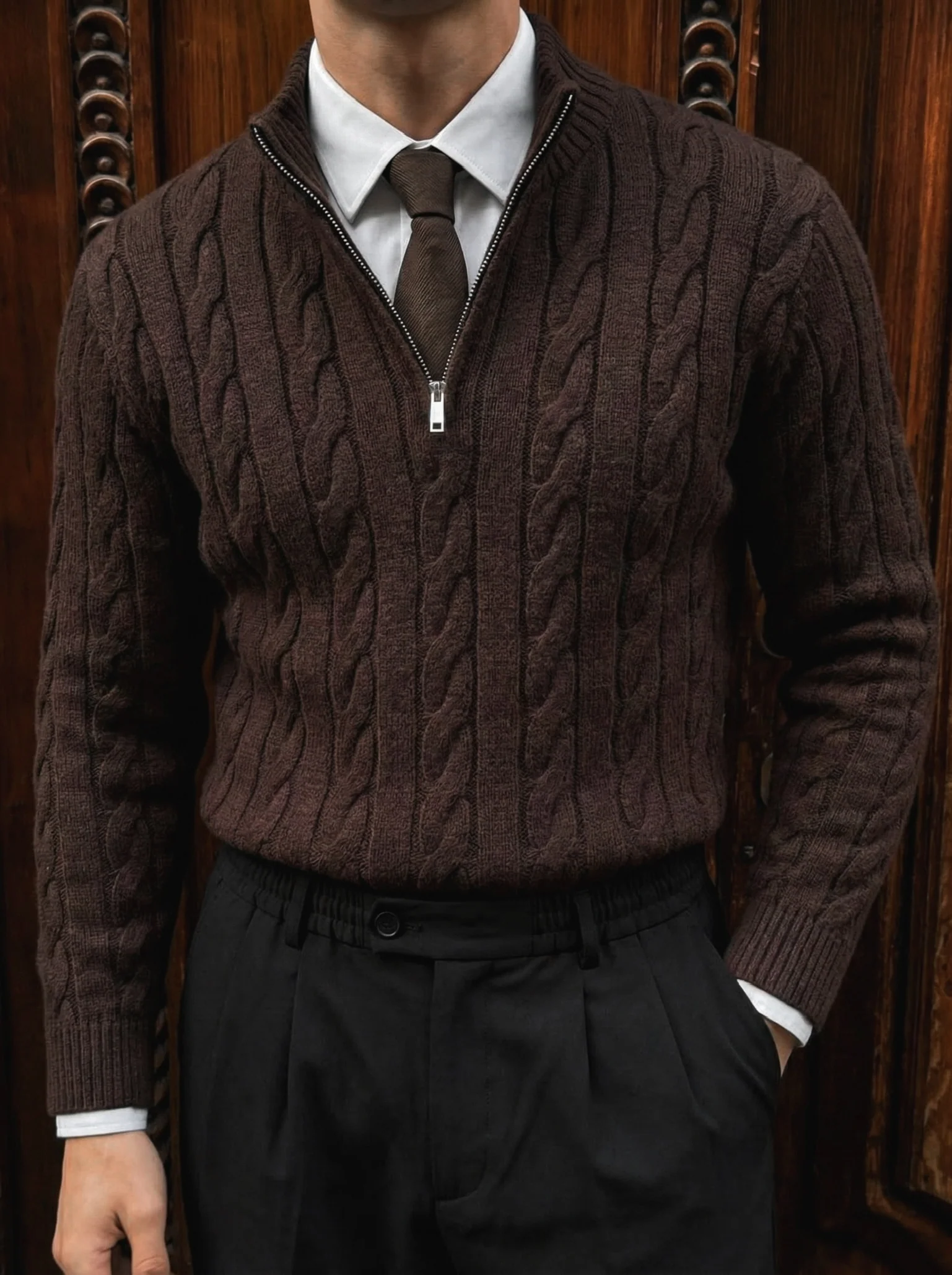 Oversize Collar Braid Zipper Pullover - Dark Brown