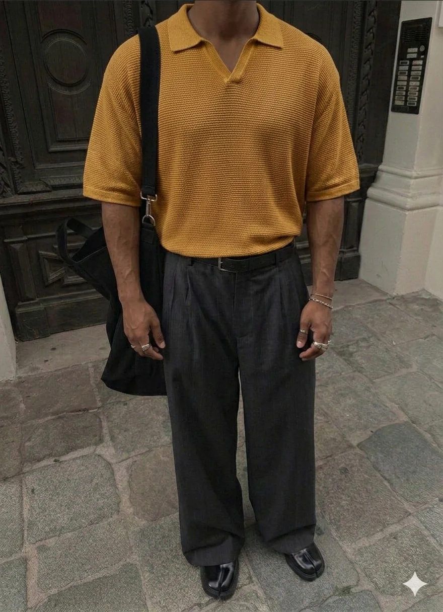 Oversize Collar Ribbed Knit T-Shirt - Saffron - Image 2