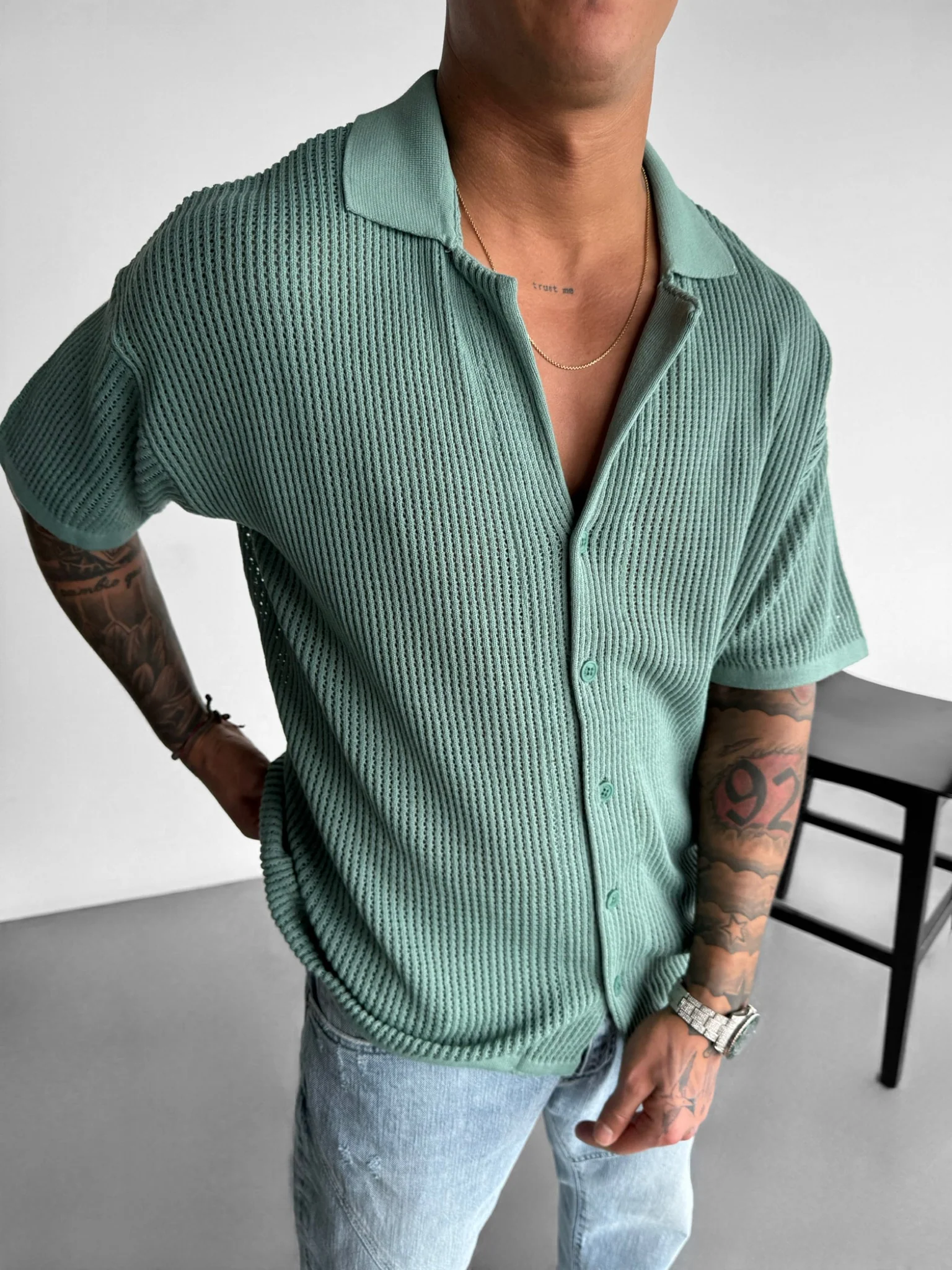 Oversize Grid Knit T-shirt - Mint