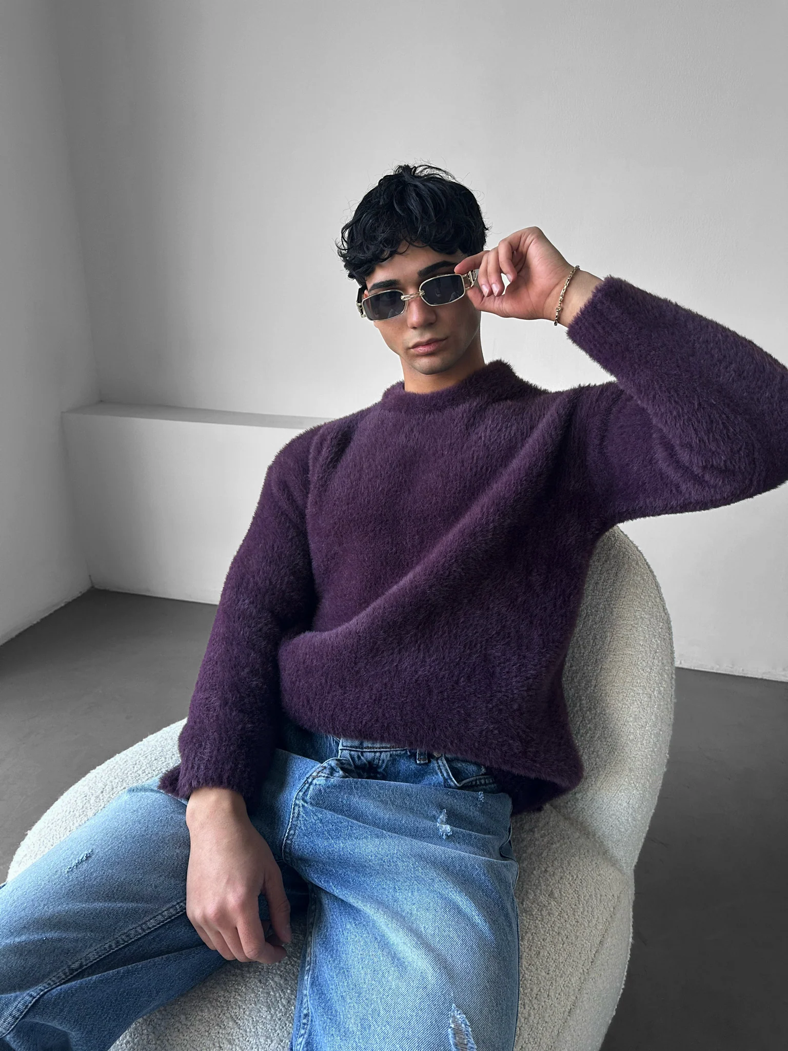 Oversize Hairy Rope Sweater - Plum - Image 3