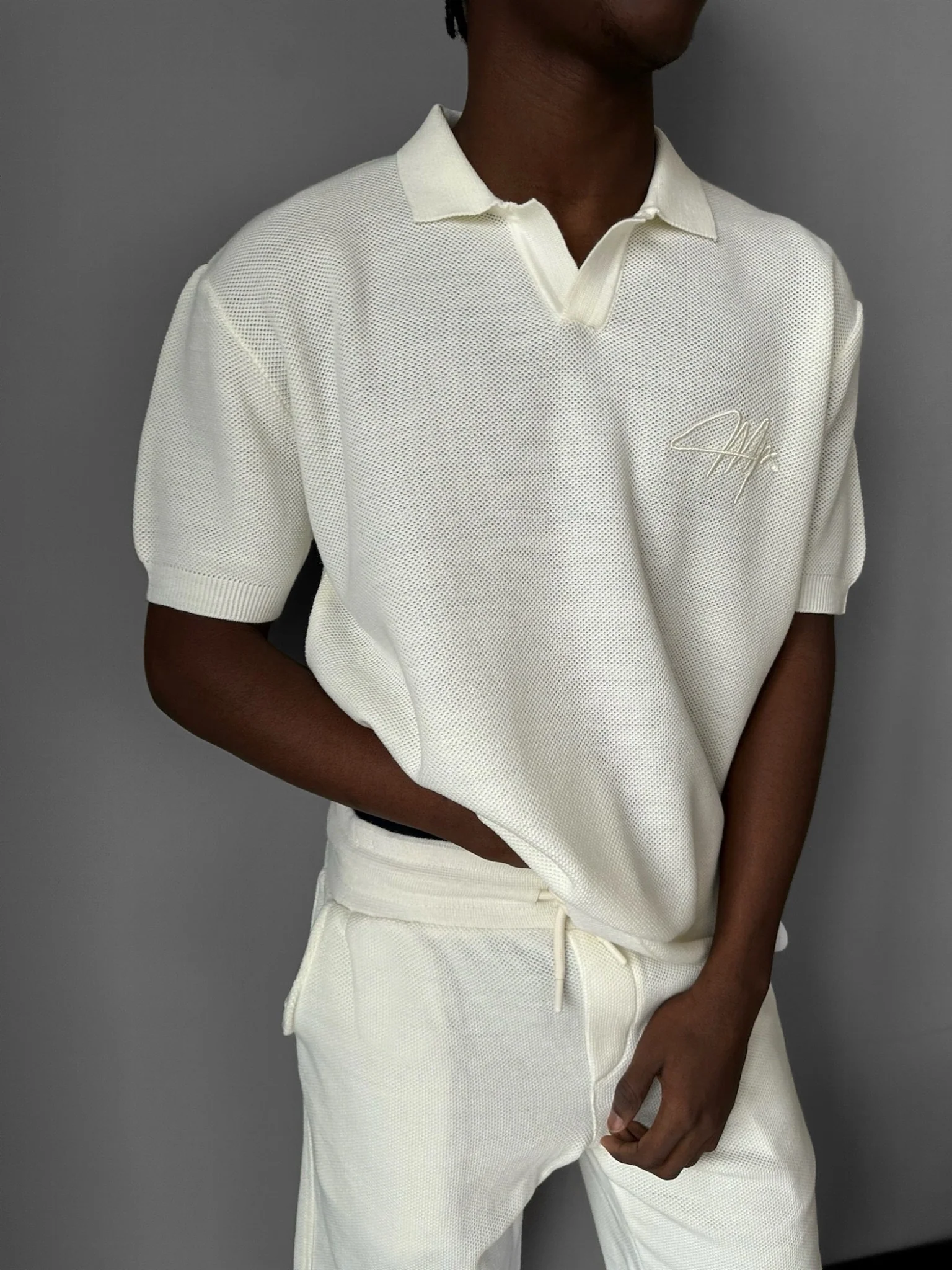 Oversize Initial Knit Polo T-Shirt - Ecru