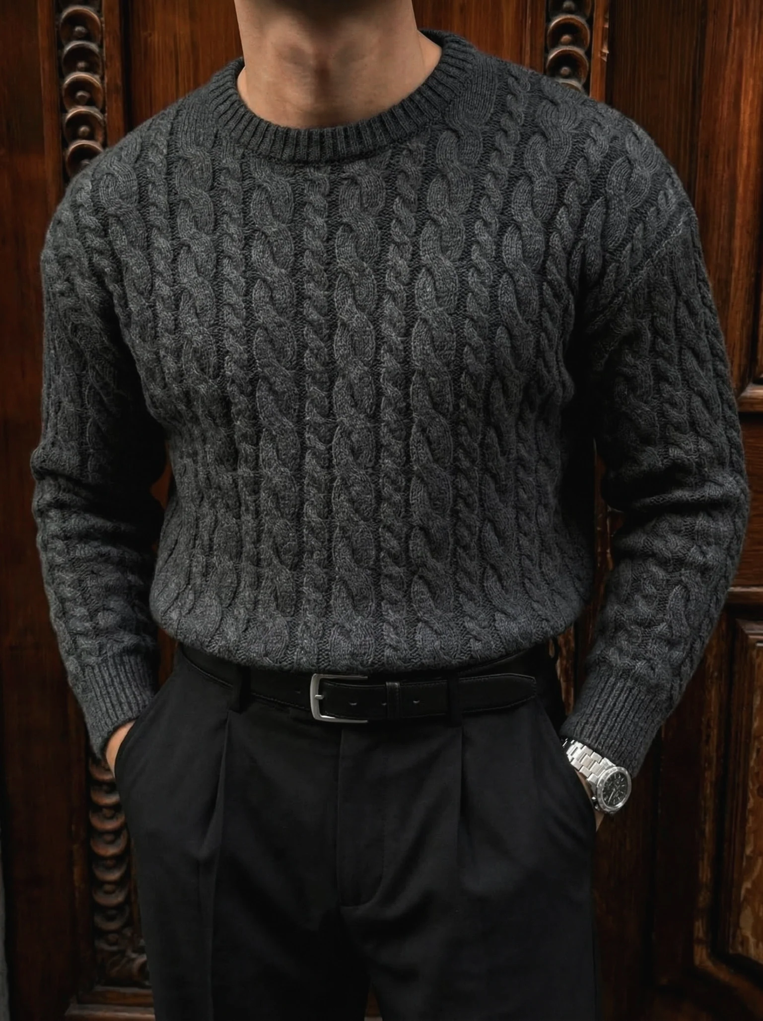Oversize Knit Braid Sweater - Anthracite