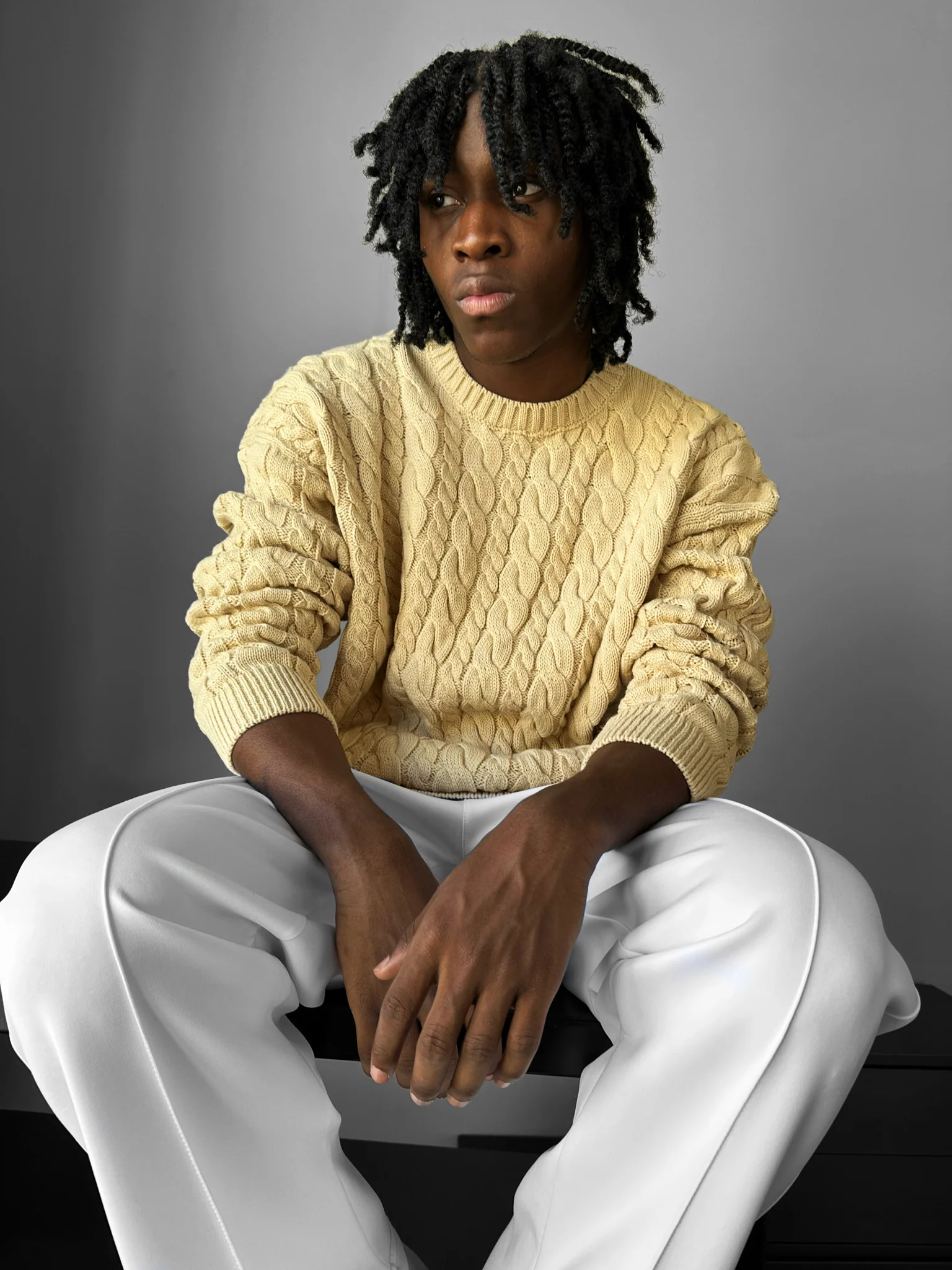 Oversize Knit Braid Sweater - Beige - Image 2