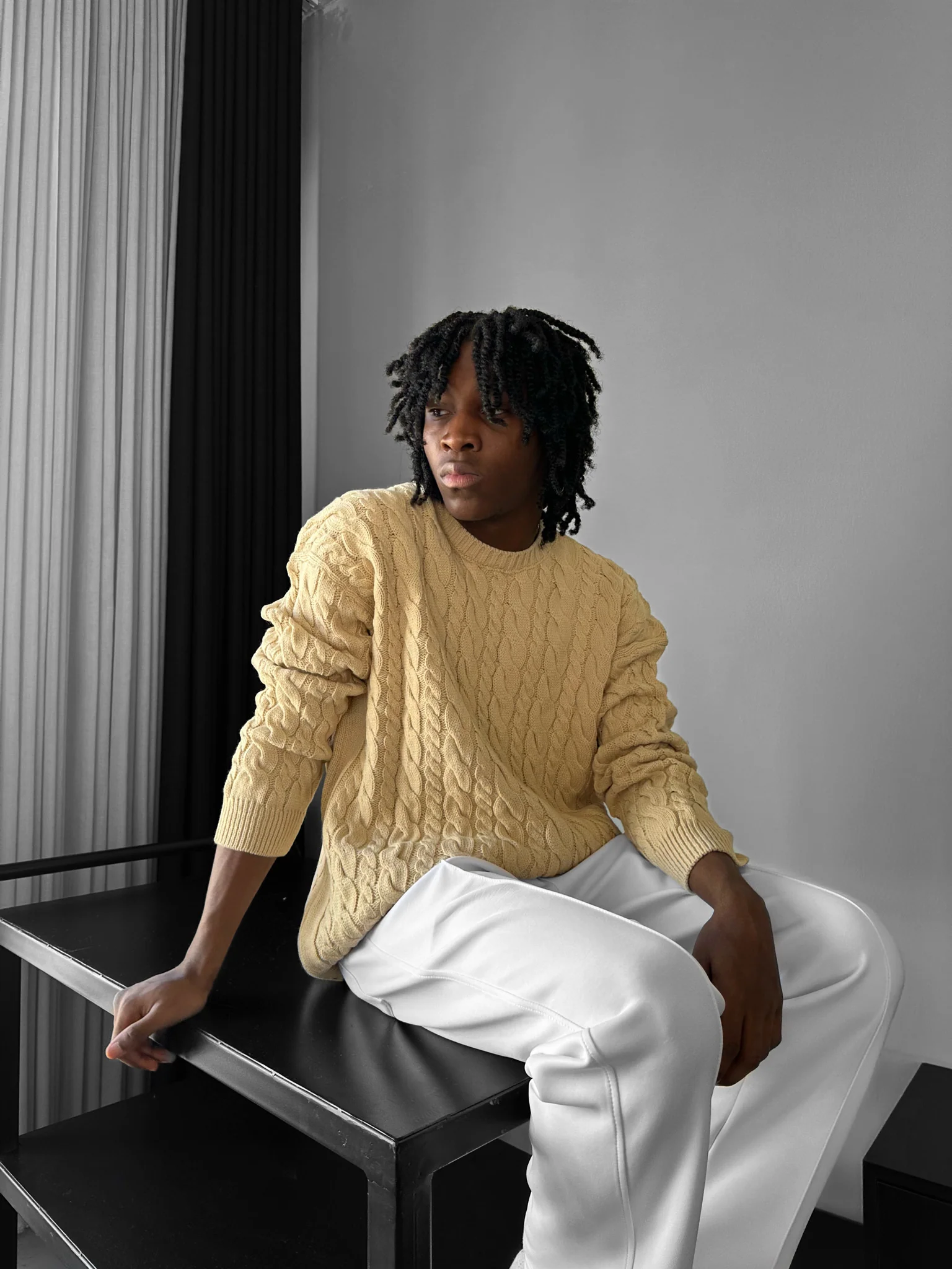 Oversize Knit Braid Sweater - Beige - Image 3