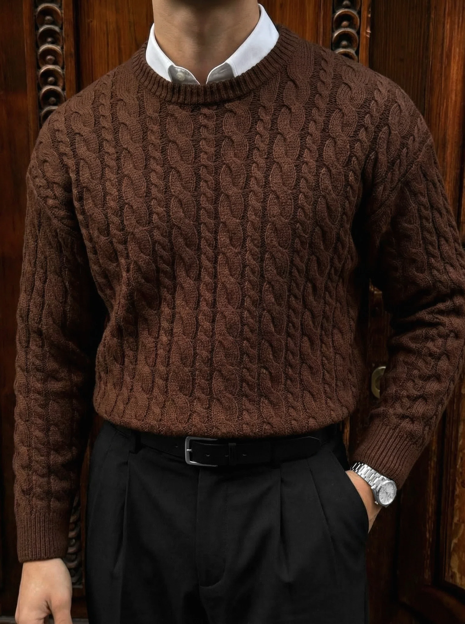 Oversize Knit Braid Sweater - Dark Brown