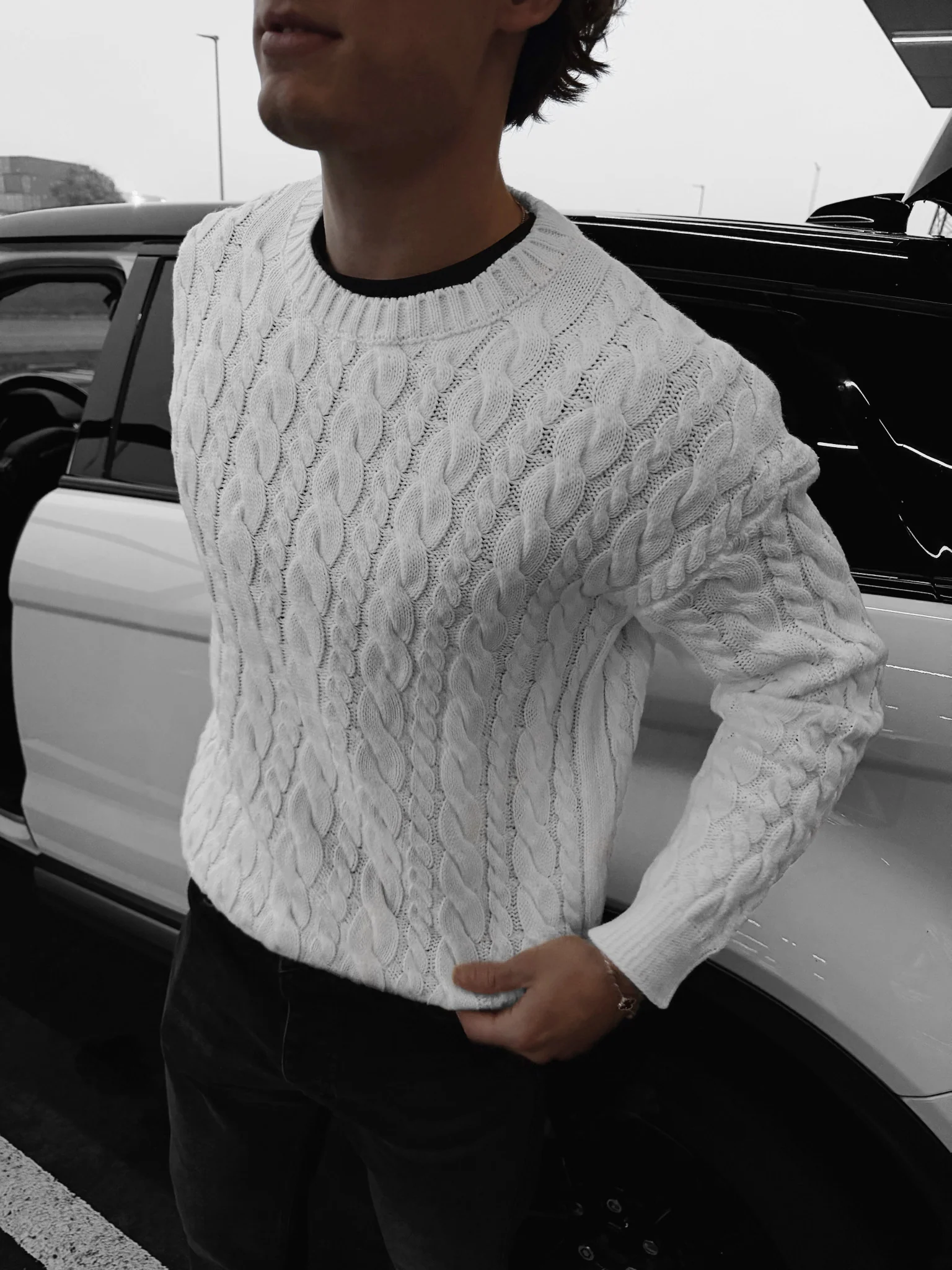 Oversize Knit Braid Sweater - White - Image 2