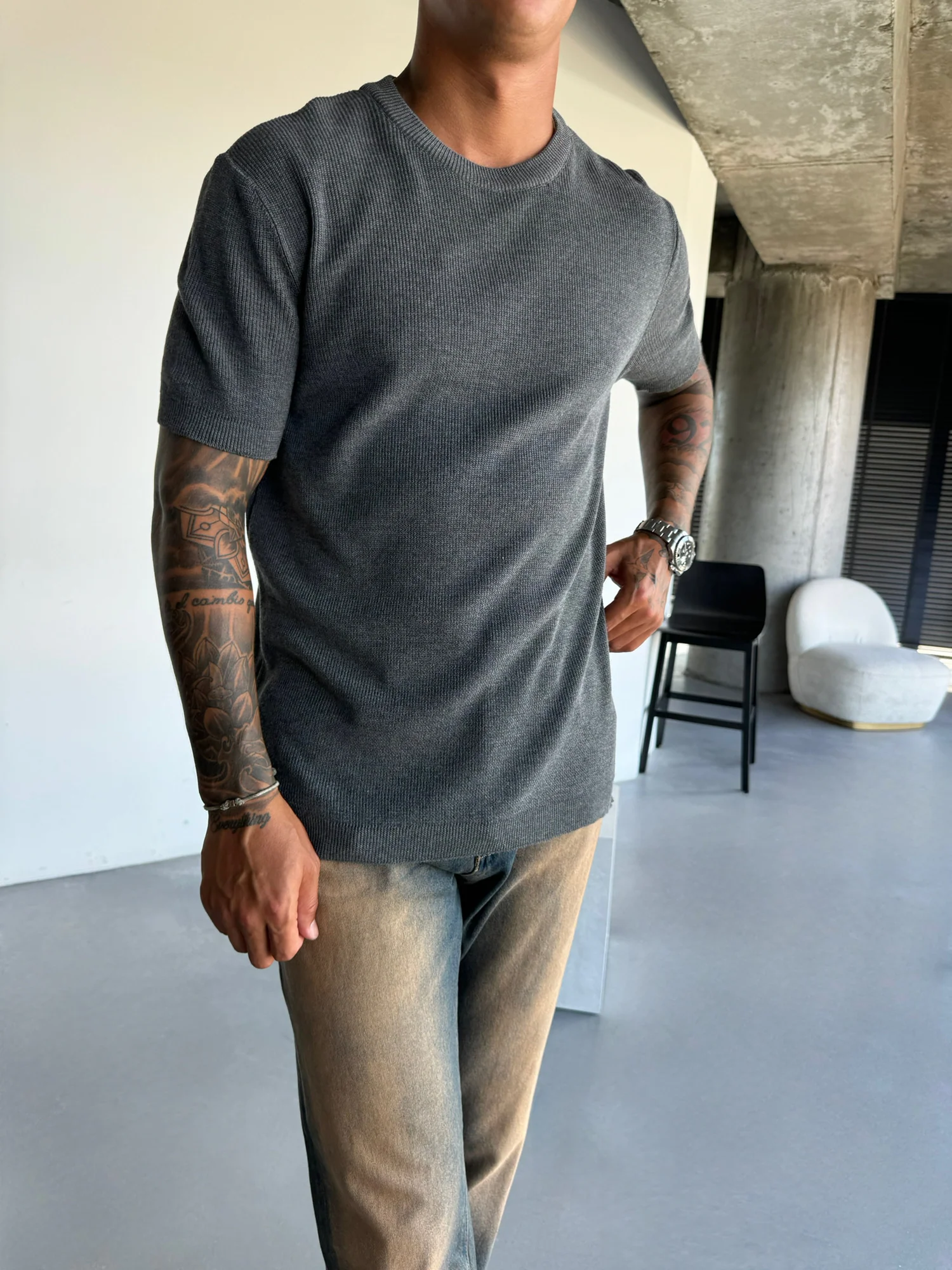 Oversize Knit T-Shirt - Anthracite - Image 2