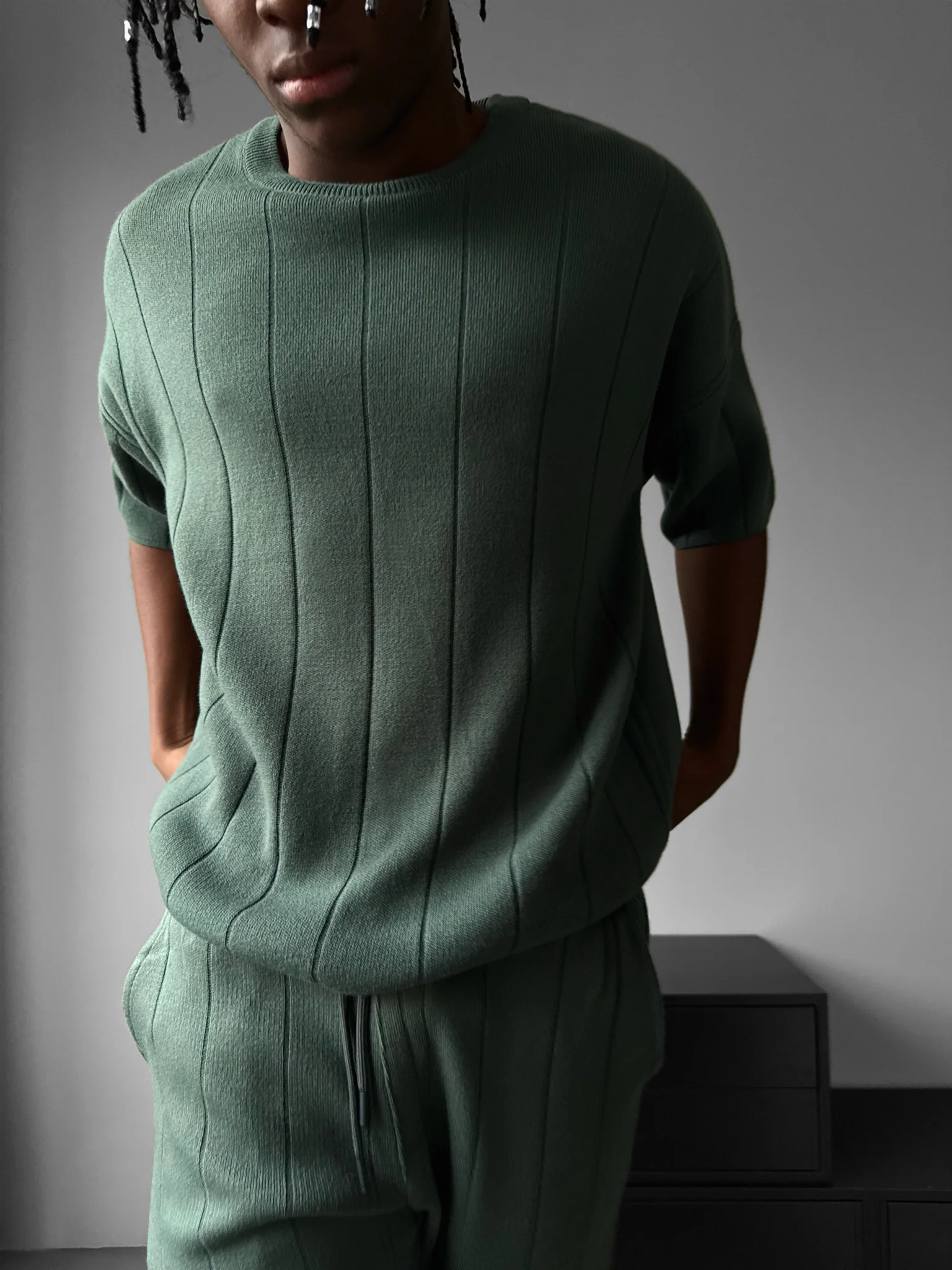 Oversize Line Knit T-Shirt - Petrol