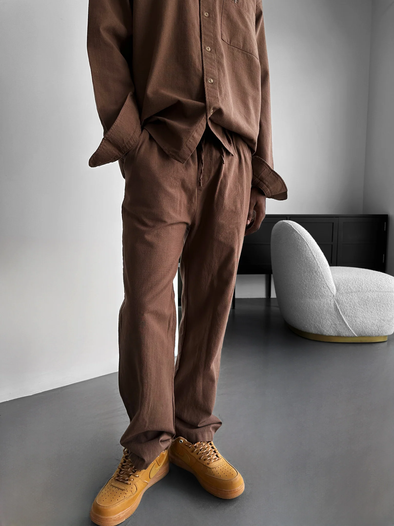 Oversize Linen Suit Pants - Brown