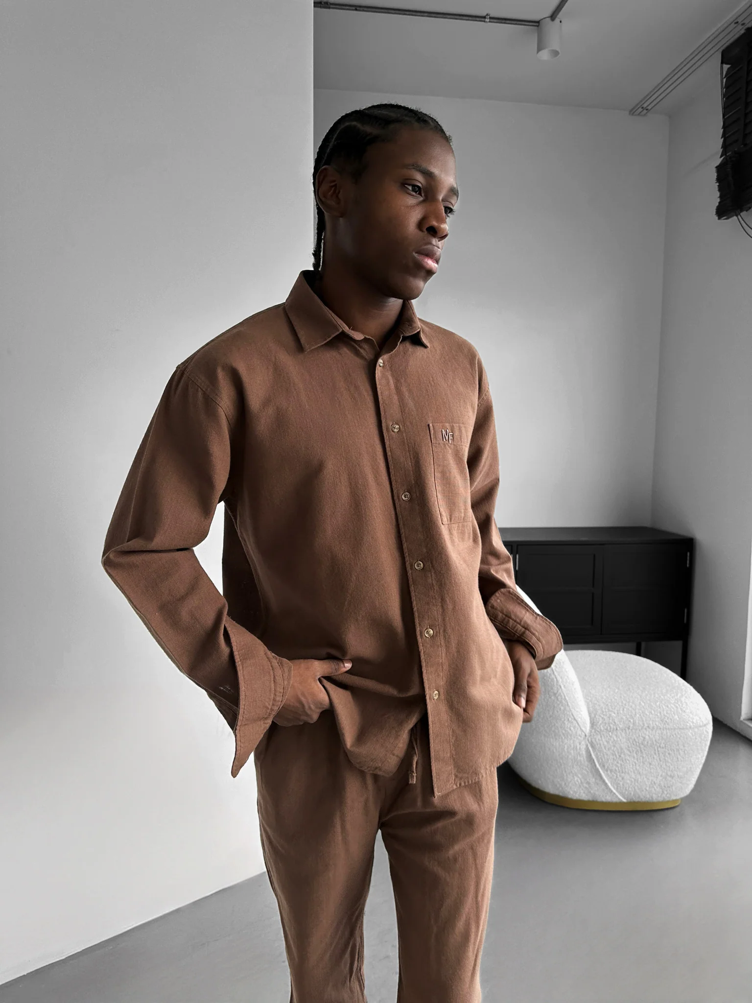 Oversize Linen Suit Shirt - Brown - Image 3