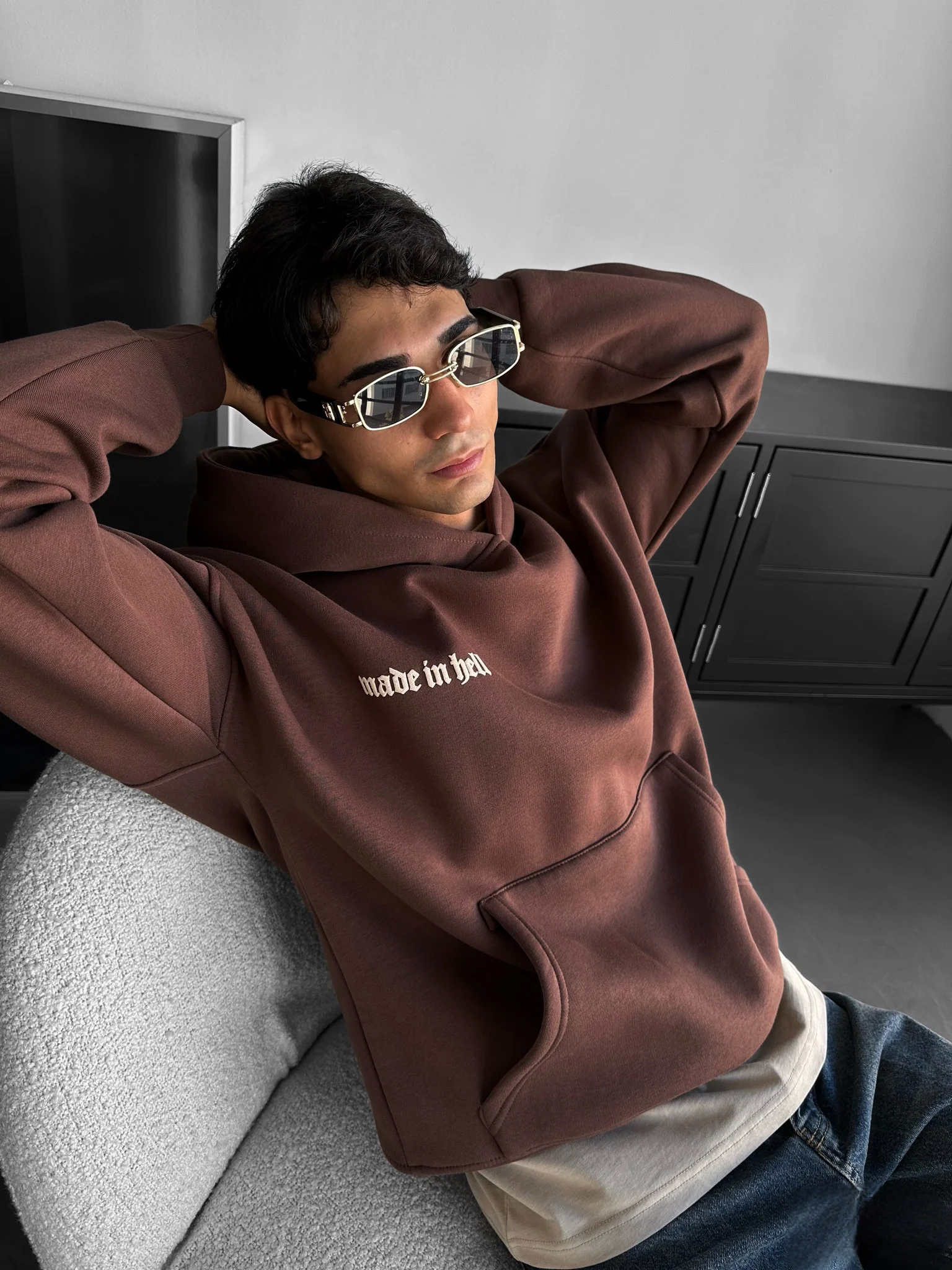 Oversize Made in Hell Hoodie - Brown - Image 5