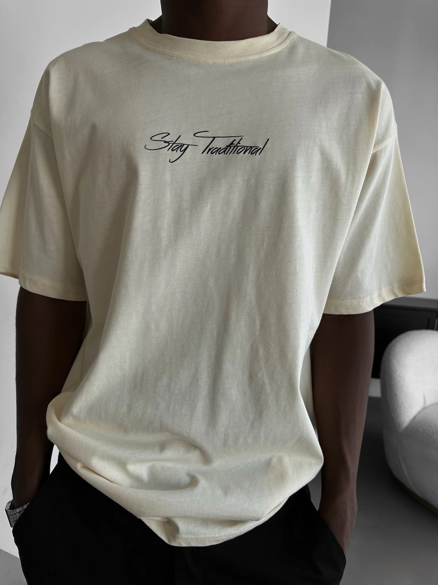 Oversize 'Stay Traditional' T-Shirt - Antique White - Image 3