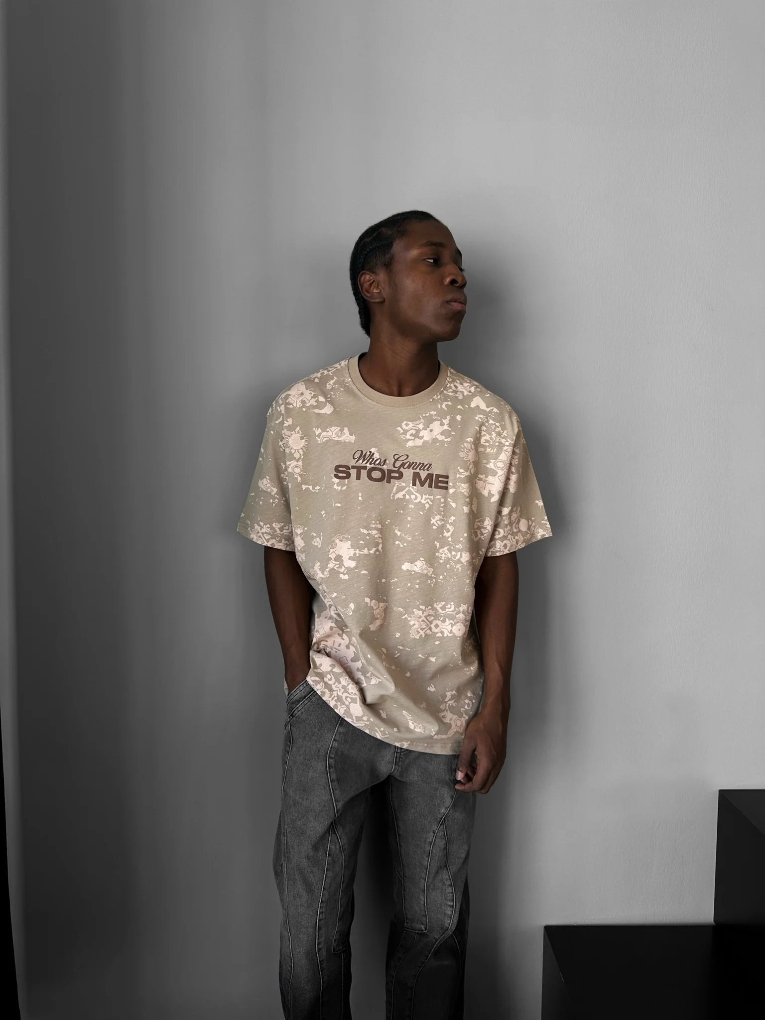 Oversize 'Stop Me' T-Shirt - Beige - Image 3