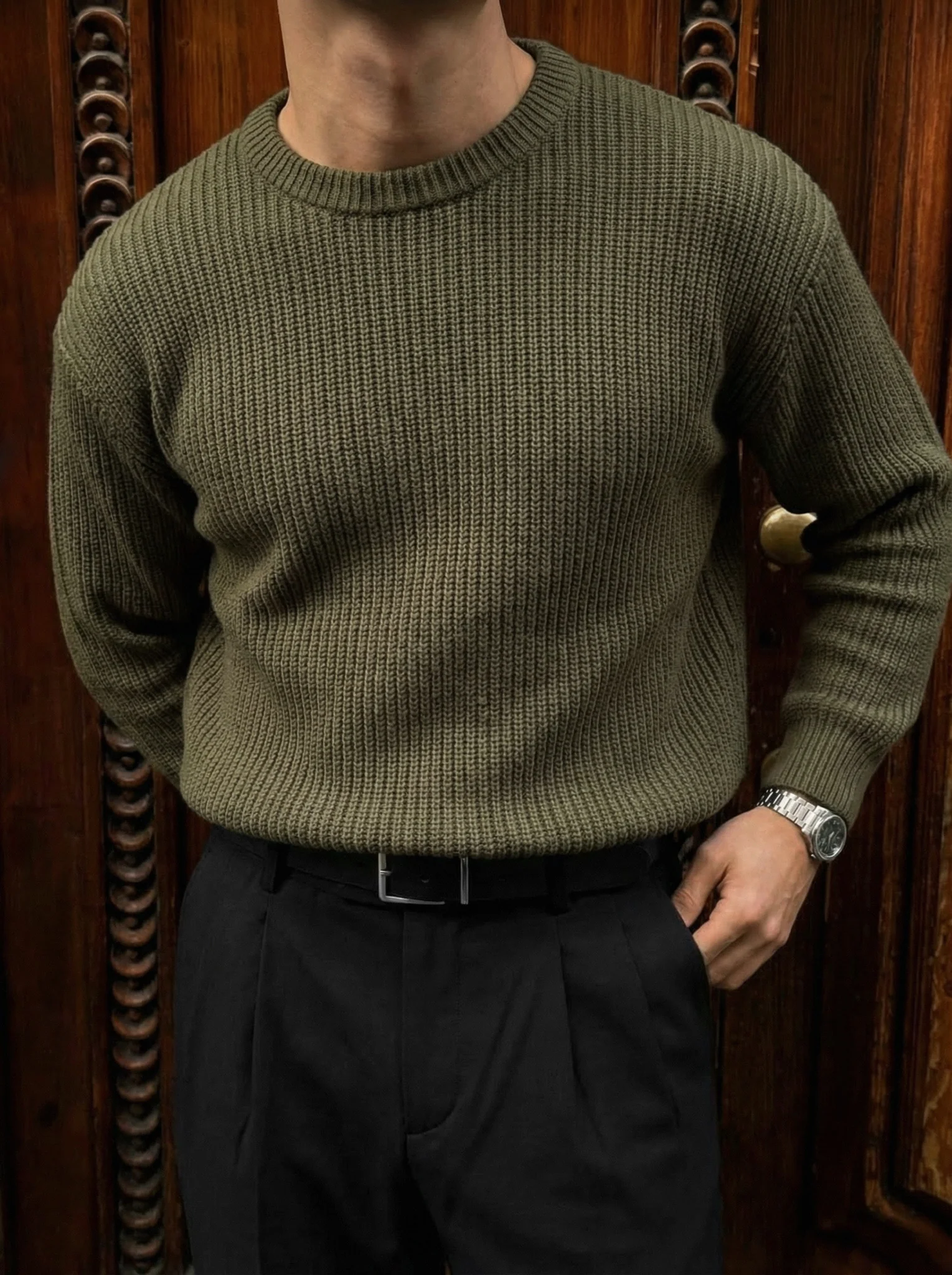 Oversize Structured Knit Sweater - Khaki