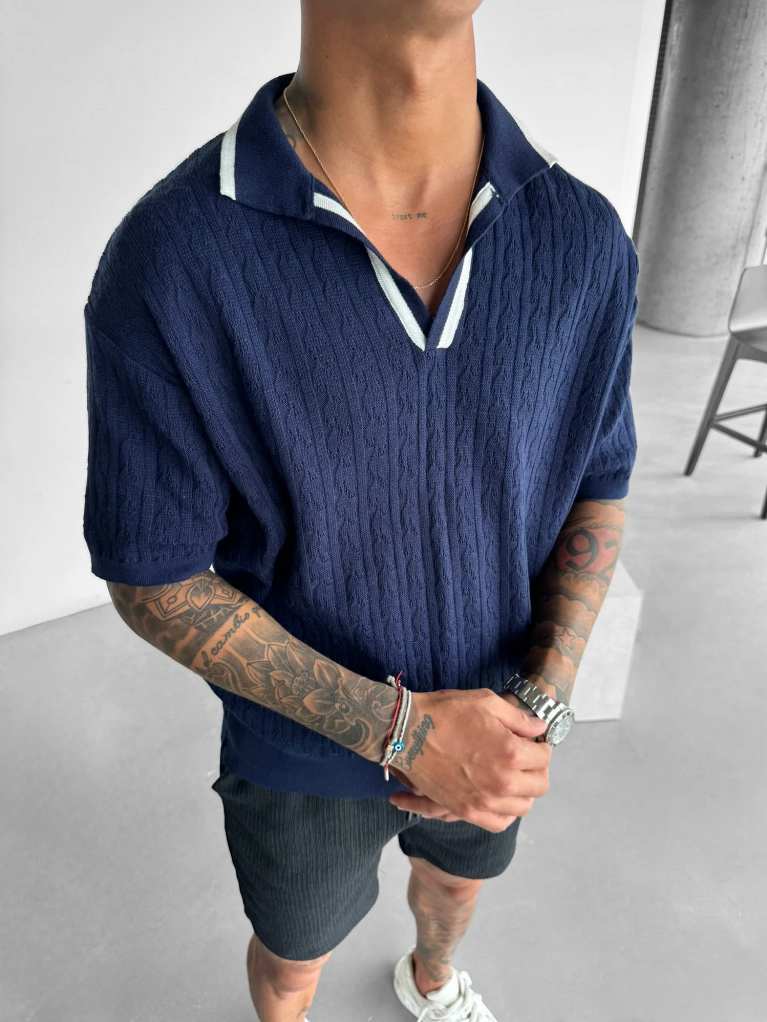 Oversize Structured Polo T-Shirt - Indigo