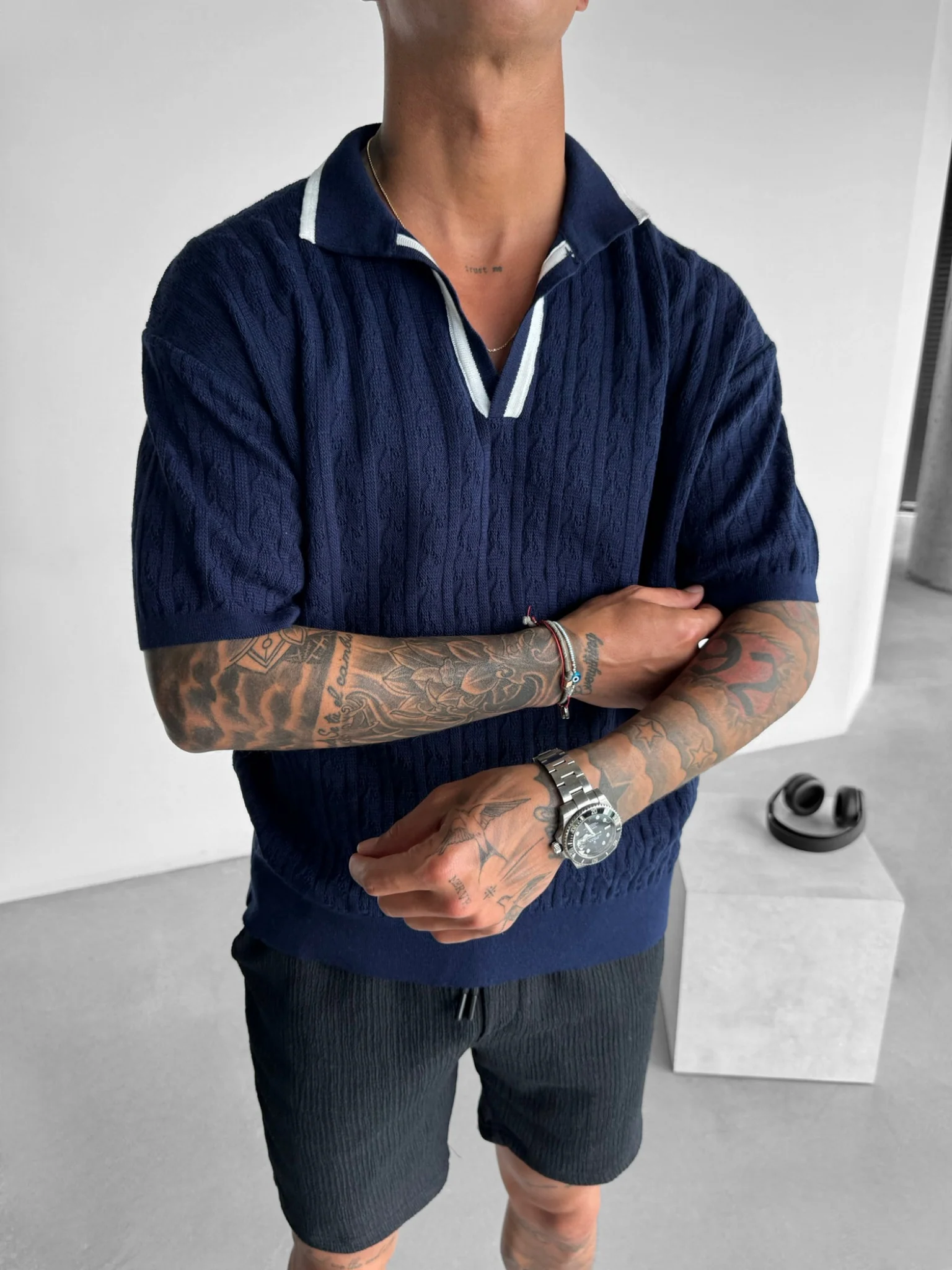 Oversize Structured Polo T-Shirt - Indigo - Image 3
