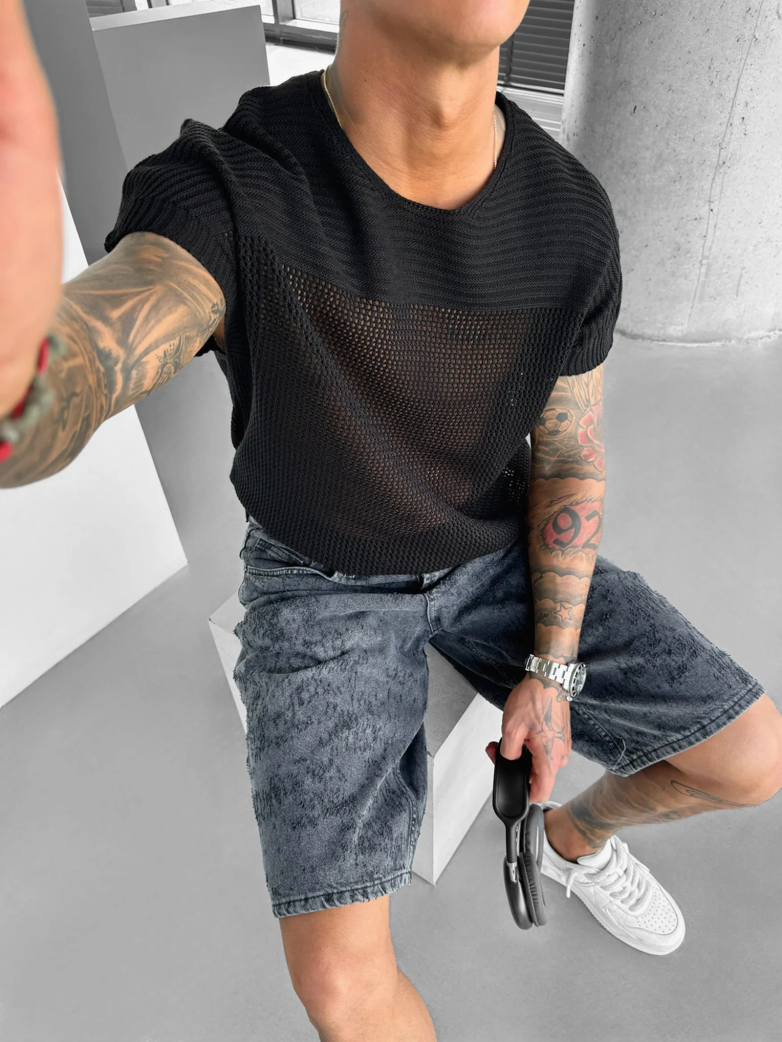 Oversize Textured Knit T-shirt - Black