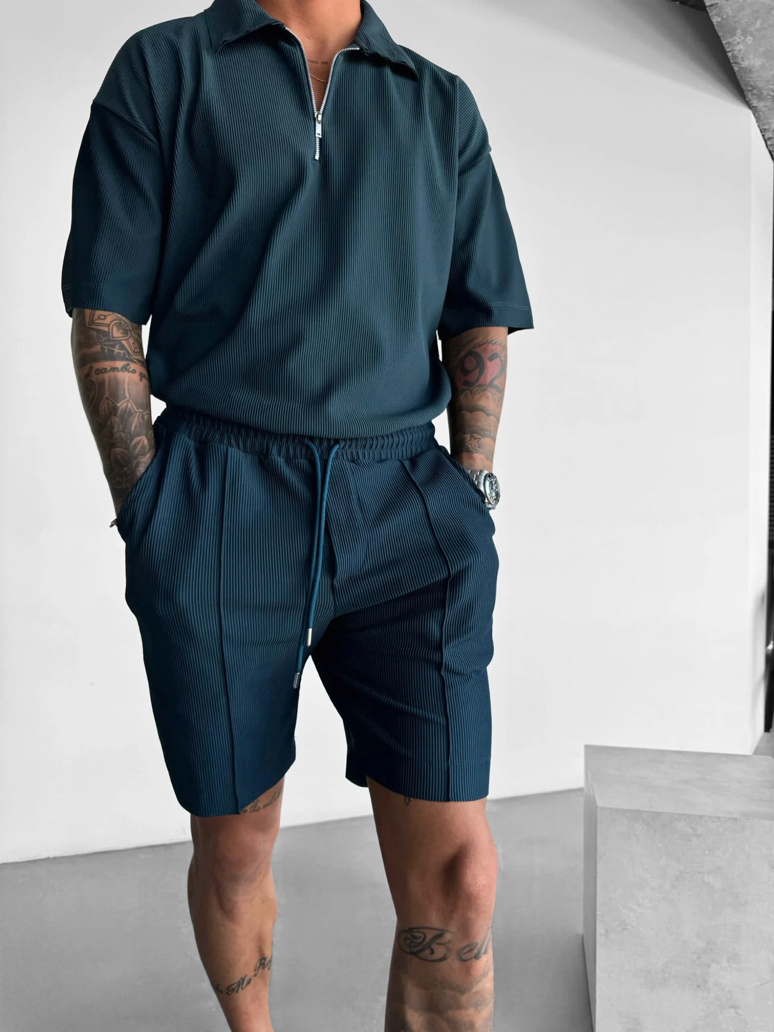 Oversize Textured Zipper Polo T-Shirt - Petrol - Image 3