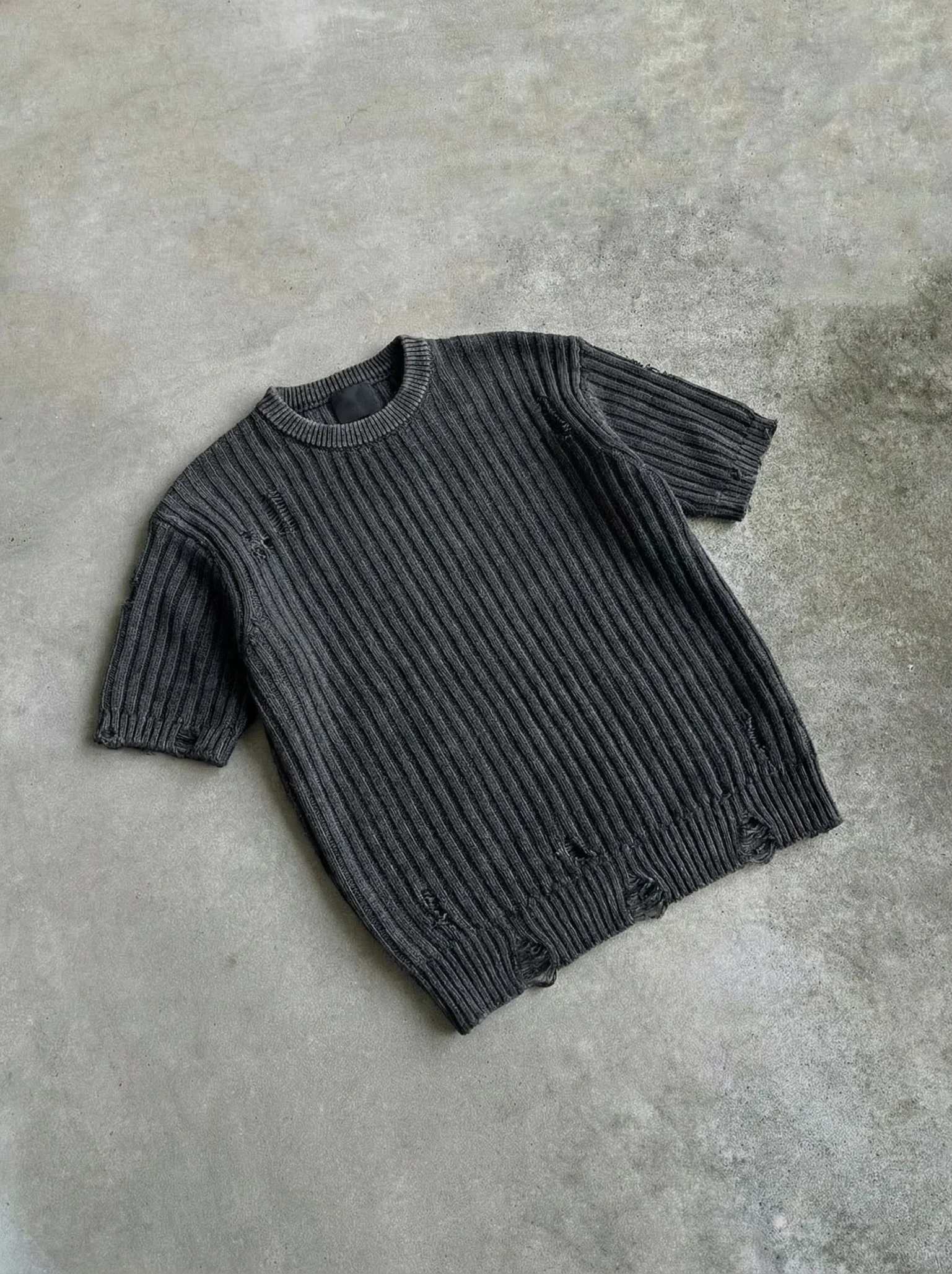 Oversize Torn Washed Knit T-shirt - Black