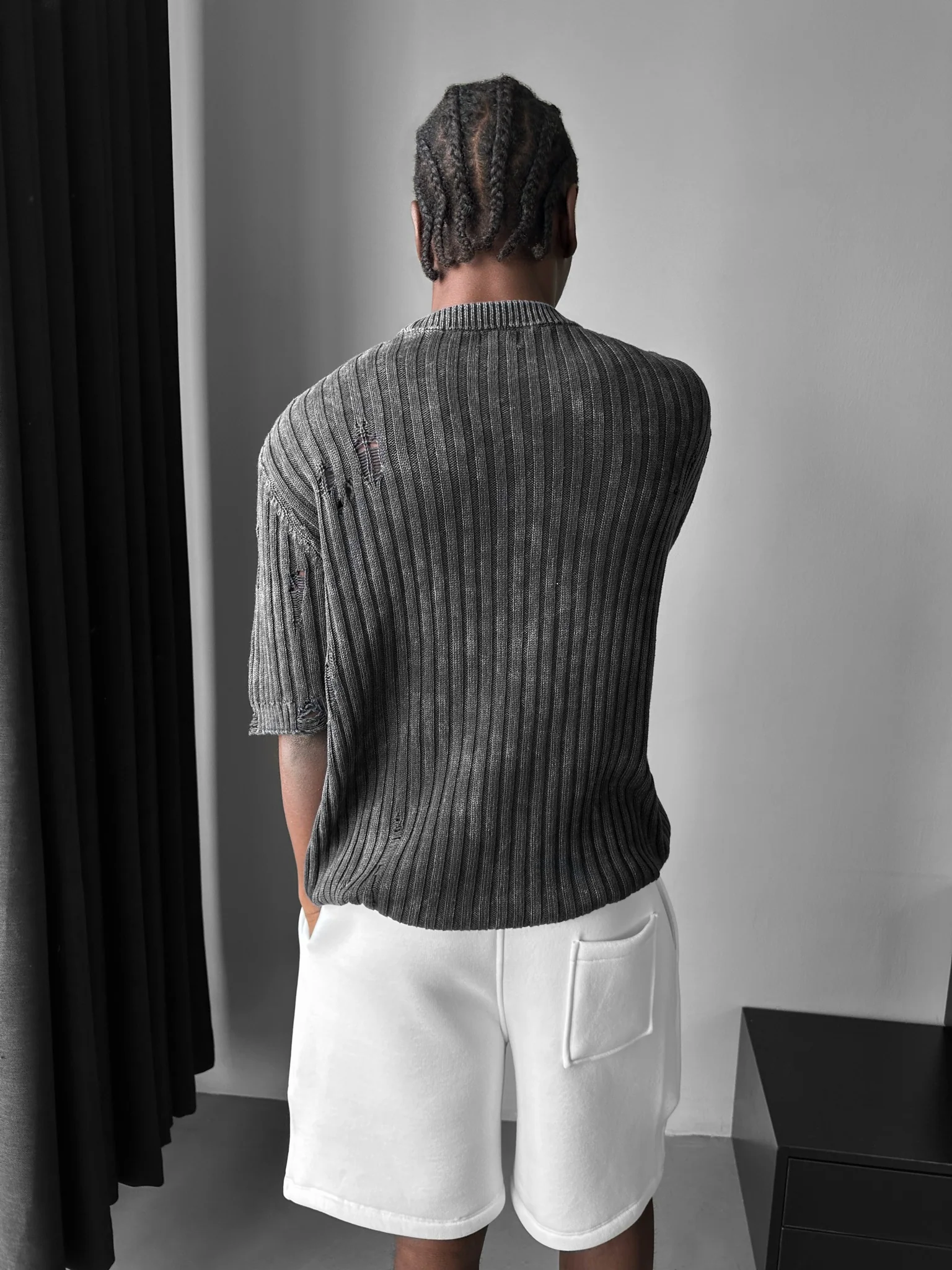 Oversize Torn Washed Knit T-shirt - Black - Image 5