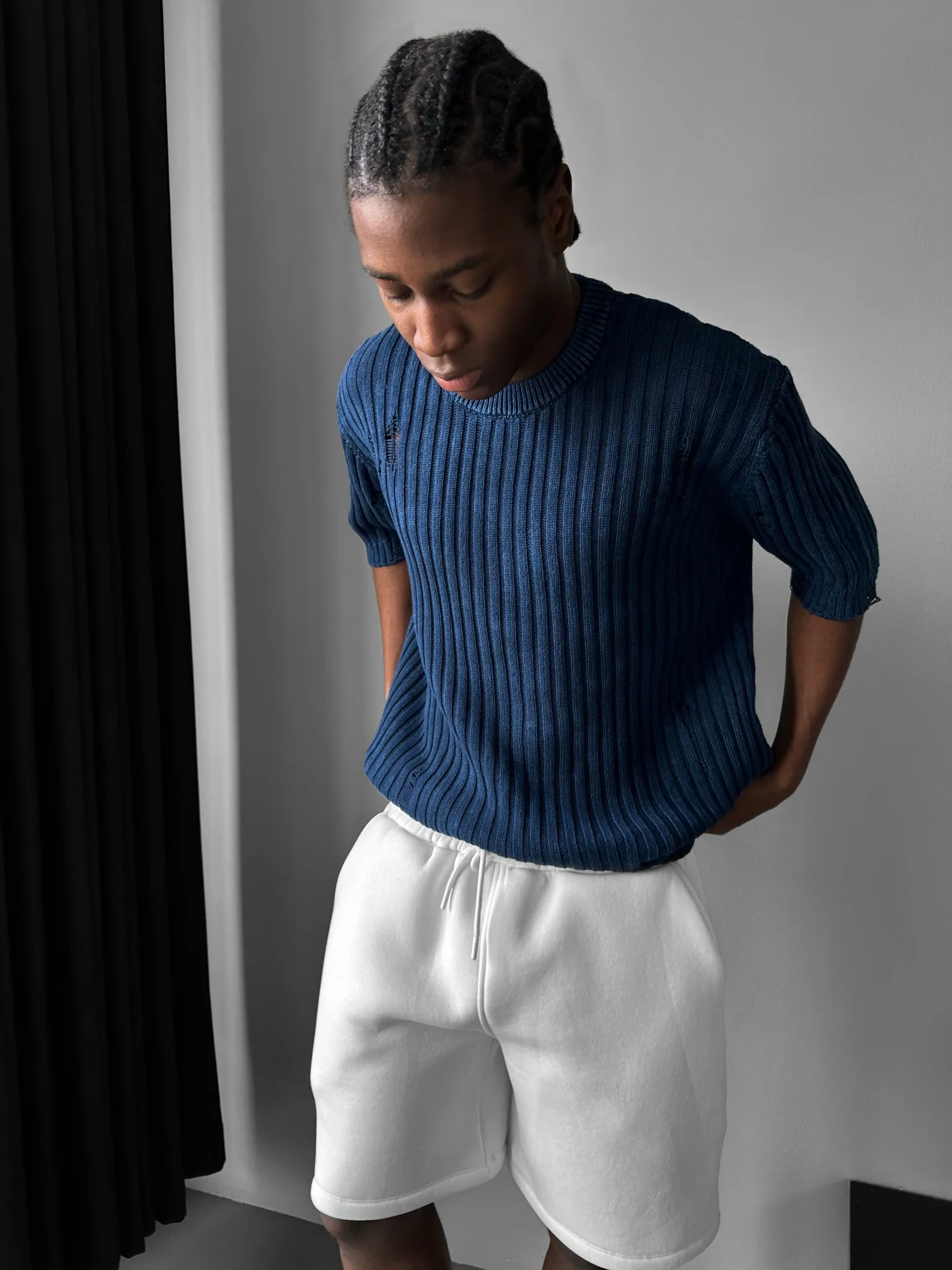 Oversize Torn Washed Knit T-shirt - Blue - Image 2