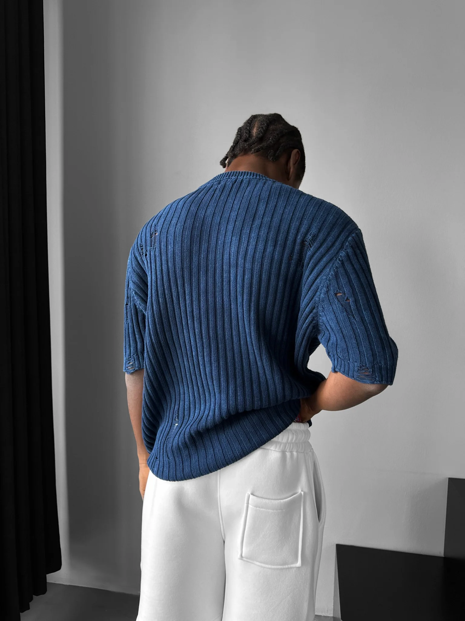 Oversize Torn Washed Knit T-shirt - Blue - Image 3