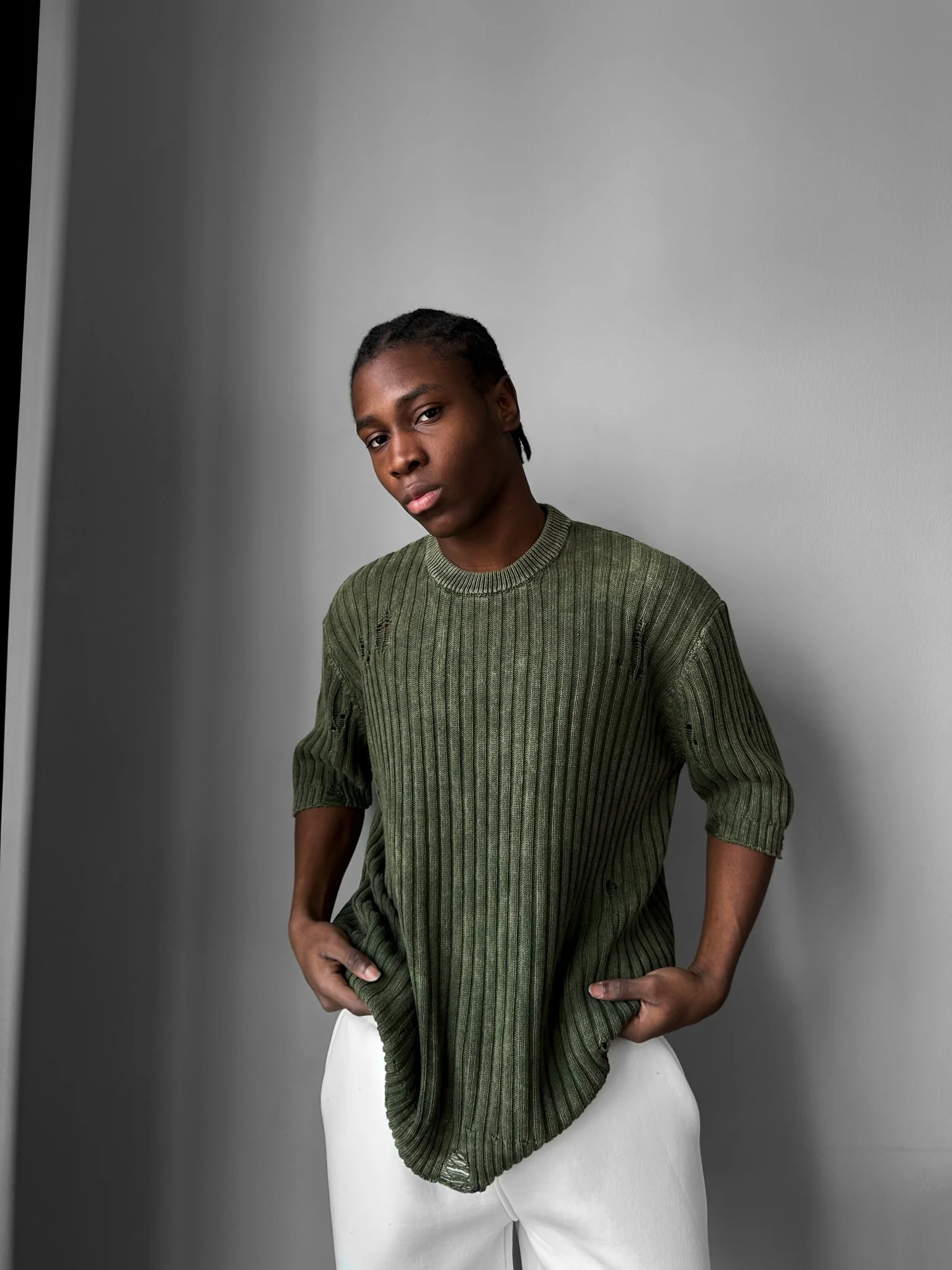 Oversize Torn Washed Knit T-shirt - Khaki - Image 2