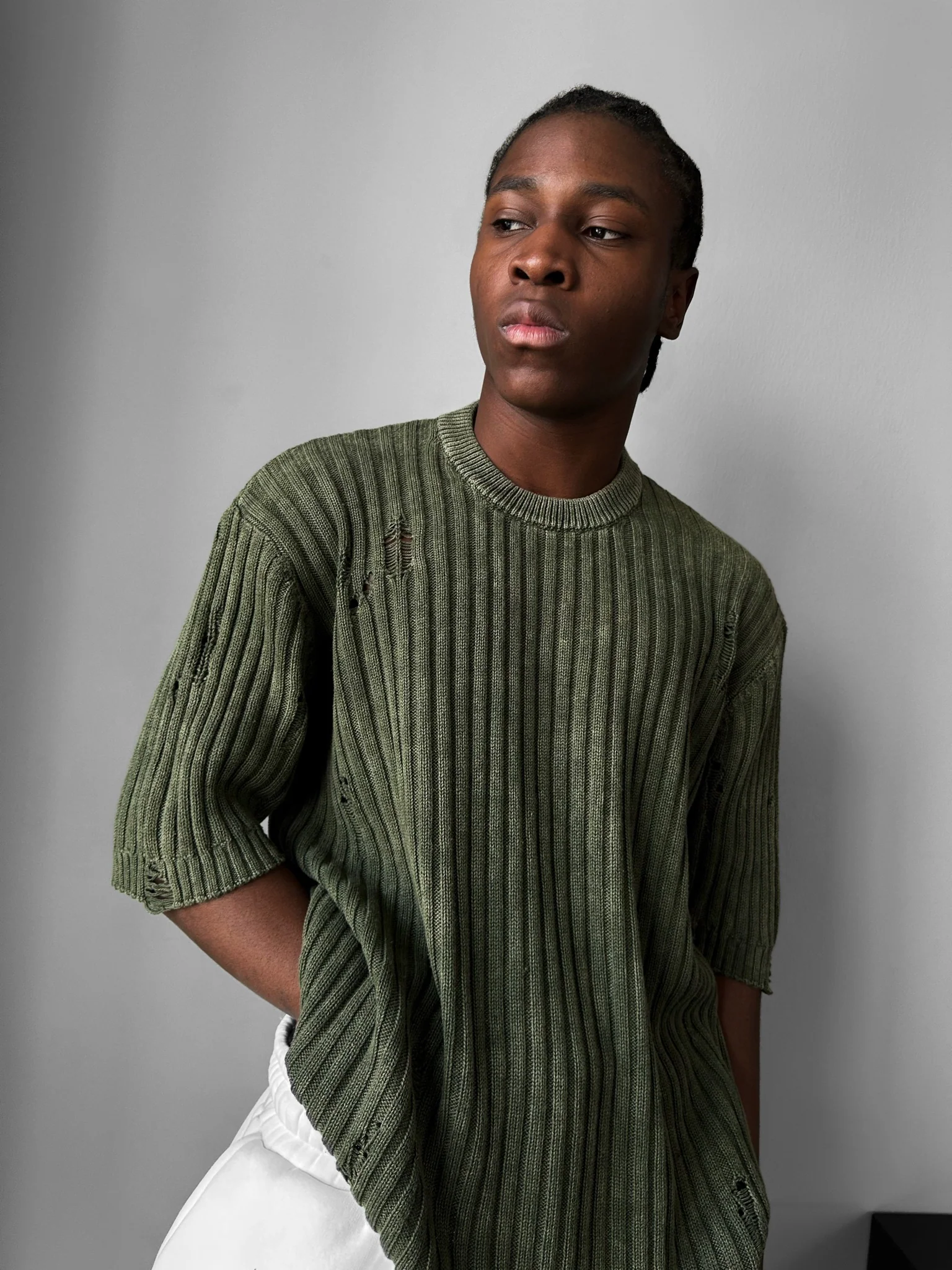 Oversize Torn Washed Knit T-shirt - Khaki - Image 3