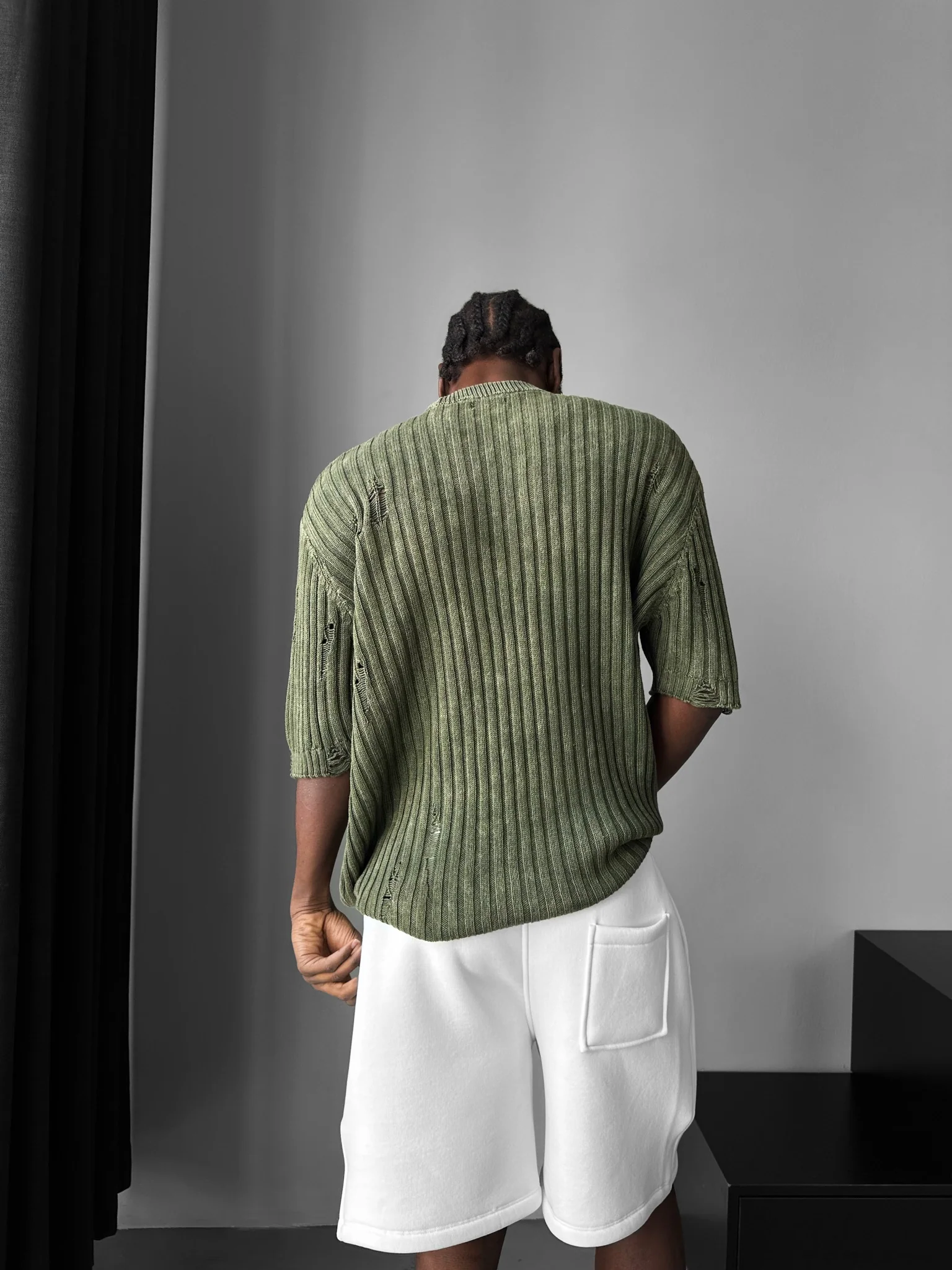 Oversize Torn Washed Knit T-shirt - Khaki - Image 4