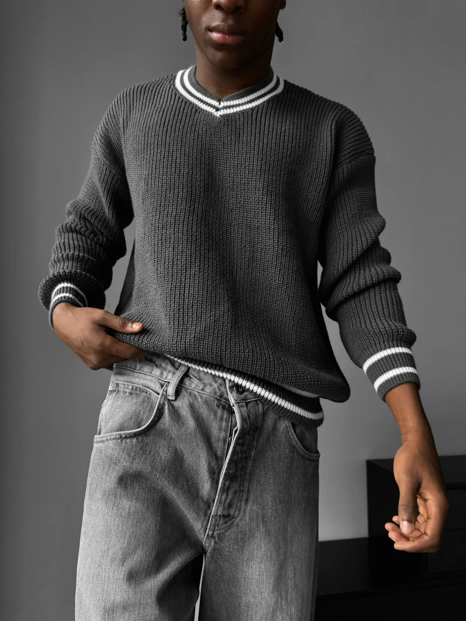 Oversize V Neckline Knit Pullover - Anthracite